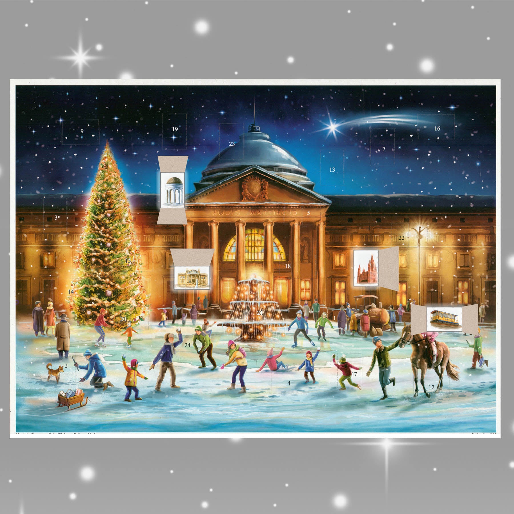 Adventskalender Wiesbaden mit einigen geöffneten Türchen
