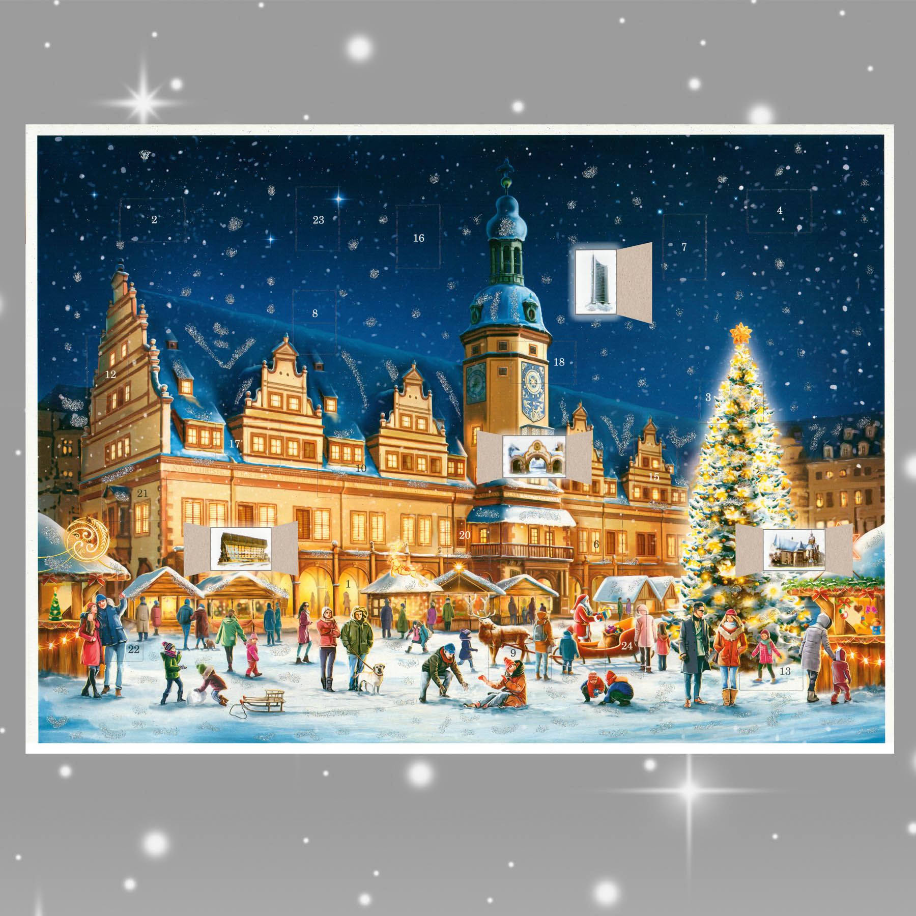 Adventskalender Leipzig mit einigen geöffneten Türchen