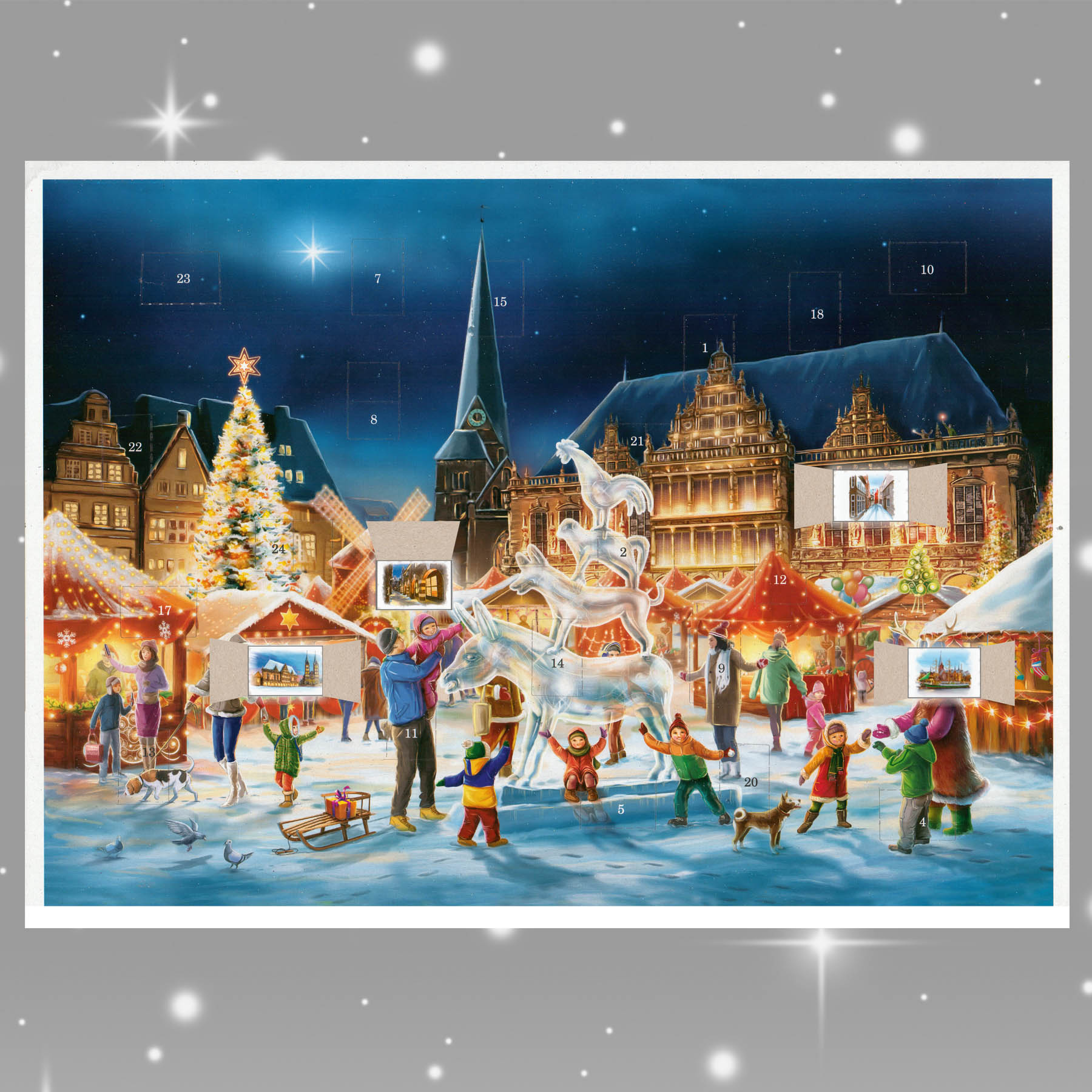 Adventskalender Bremen mit einigen geöffneten Türchen