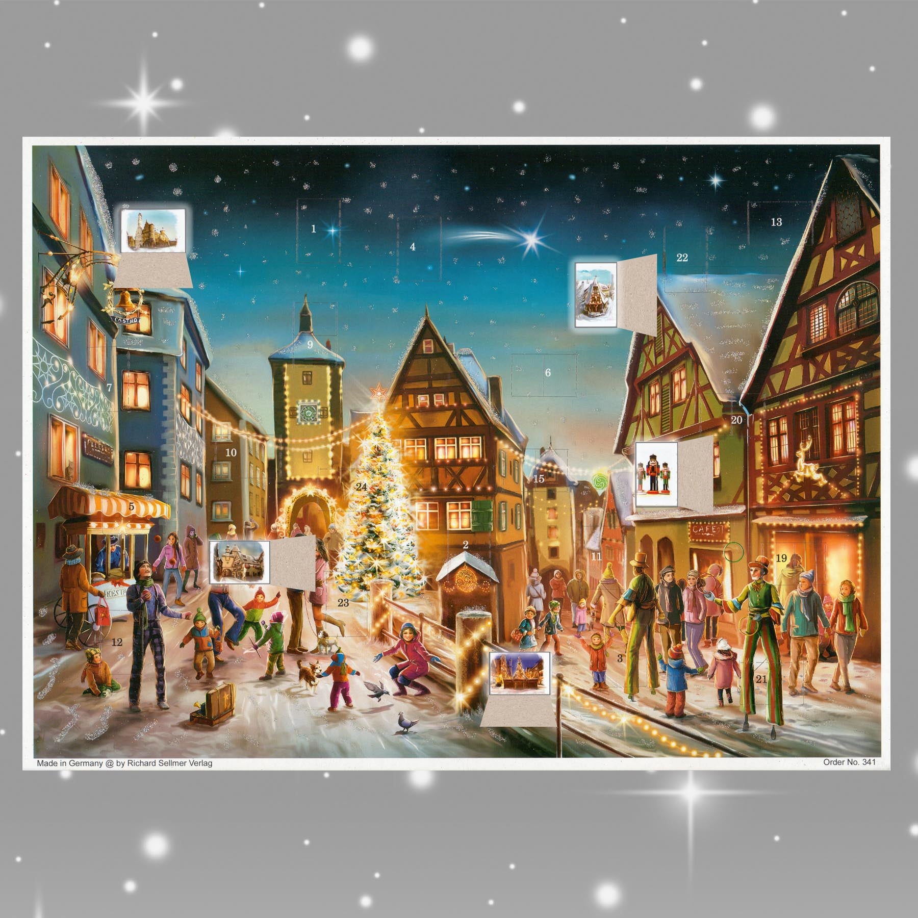 Adventskalender Rothenburg mit einigen geöffneten Türchen