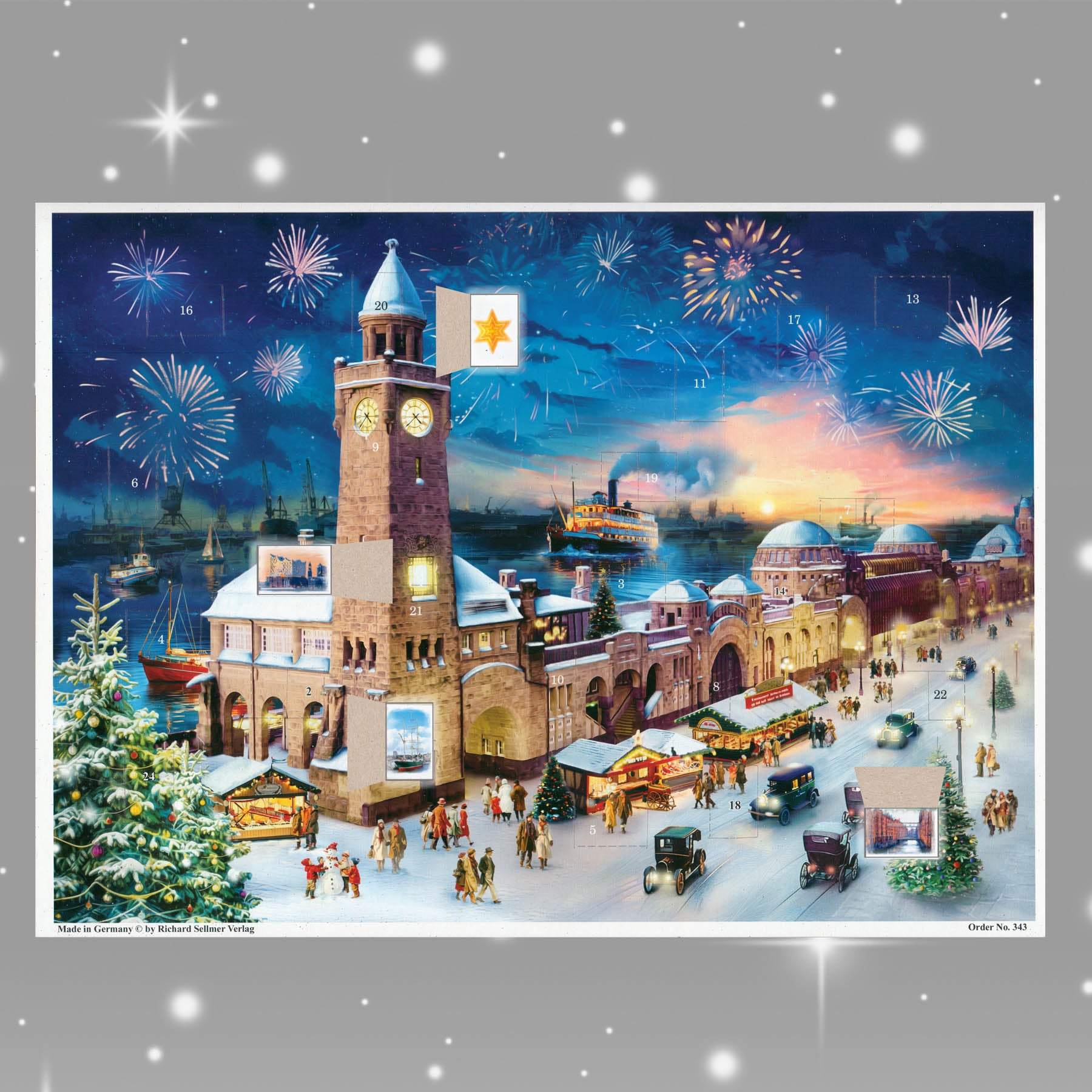 Adventskalender Landungsbrücken mit einigen geöffneten Türchen