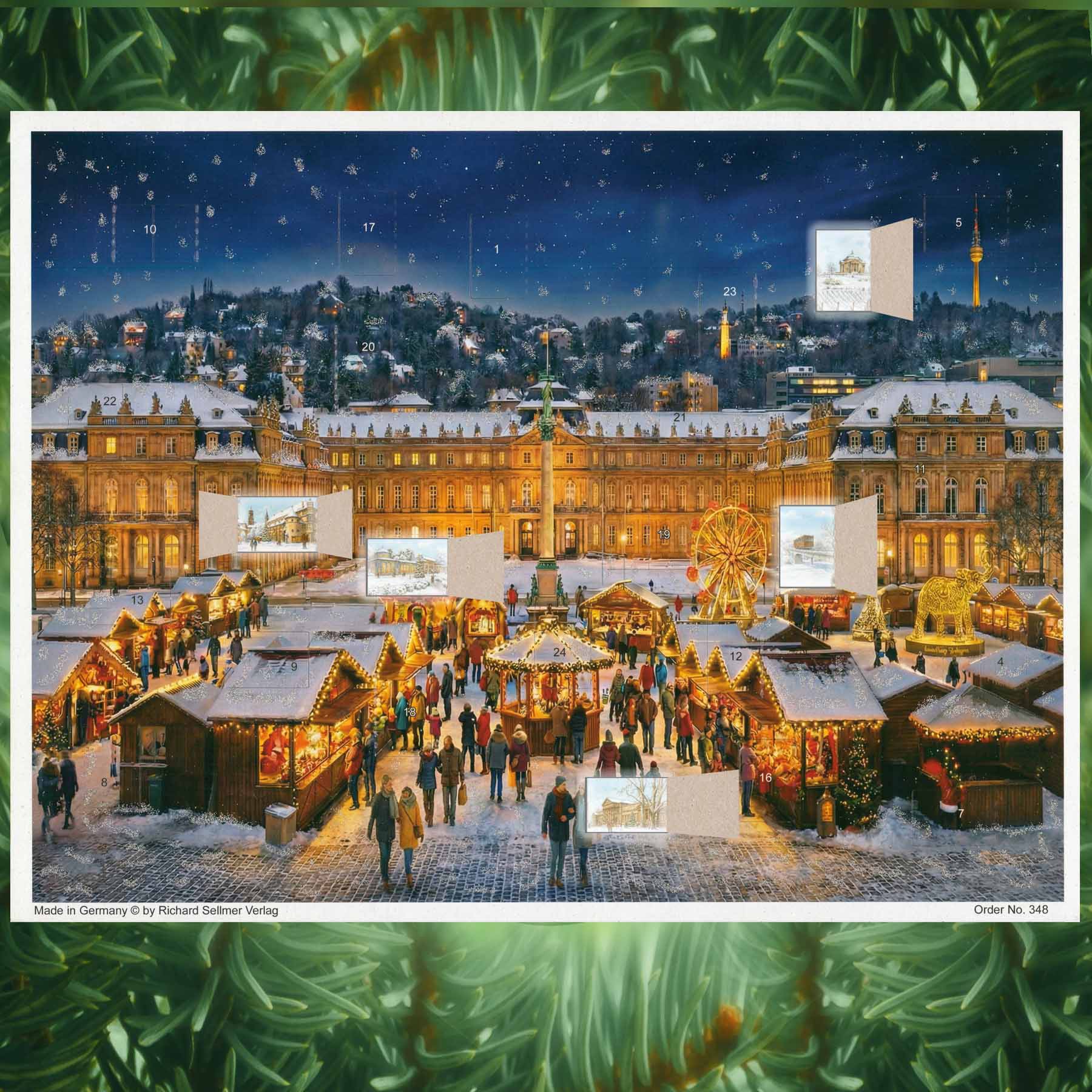 Adventskalender Stuttgart Schlossplatz mit einigen geöffneten Türchen