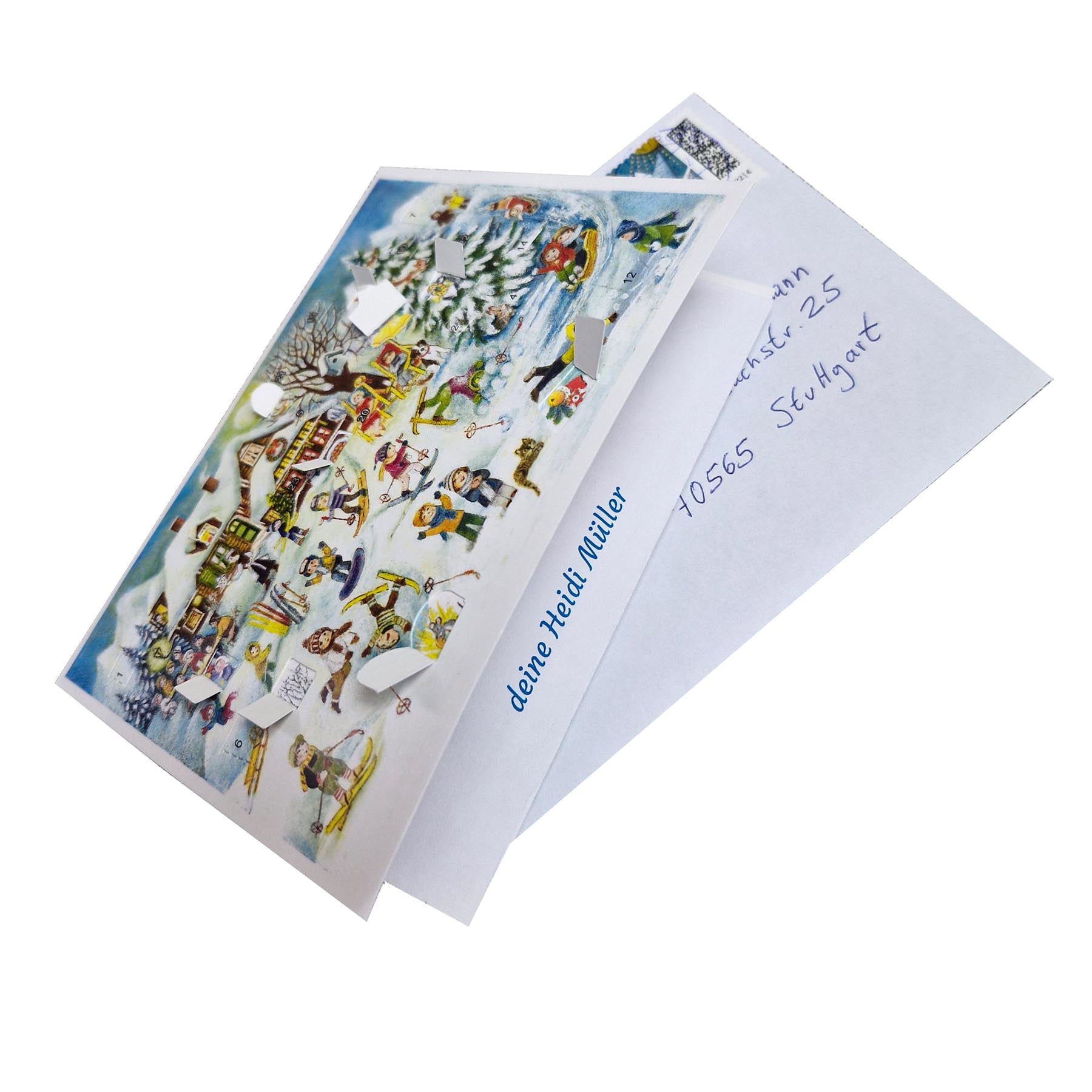 Postkarten-Adventskalender Skihütte mit geöffneten Türchen