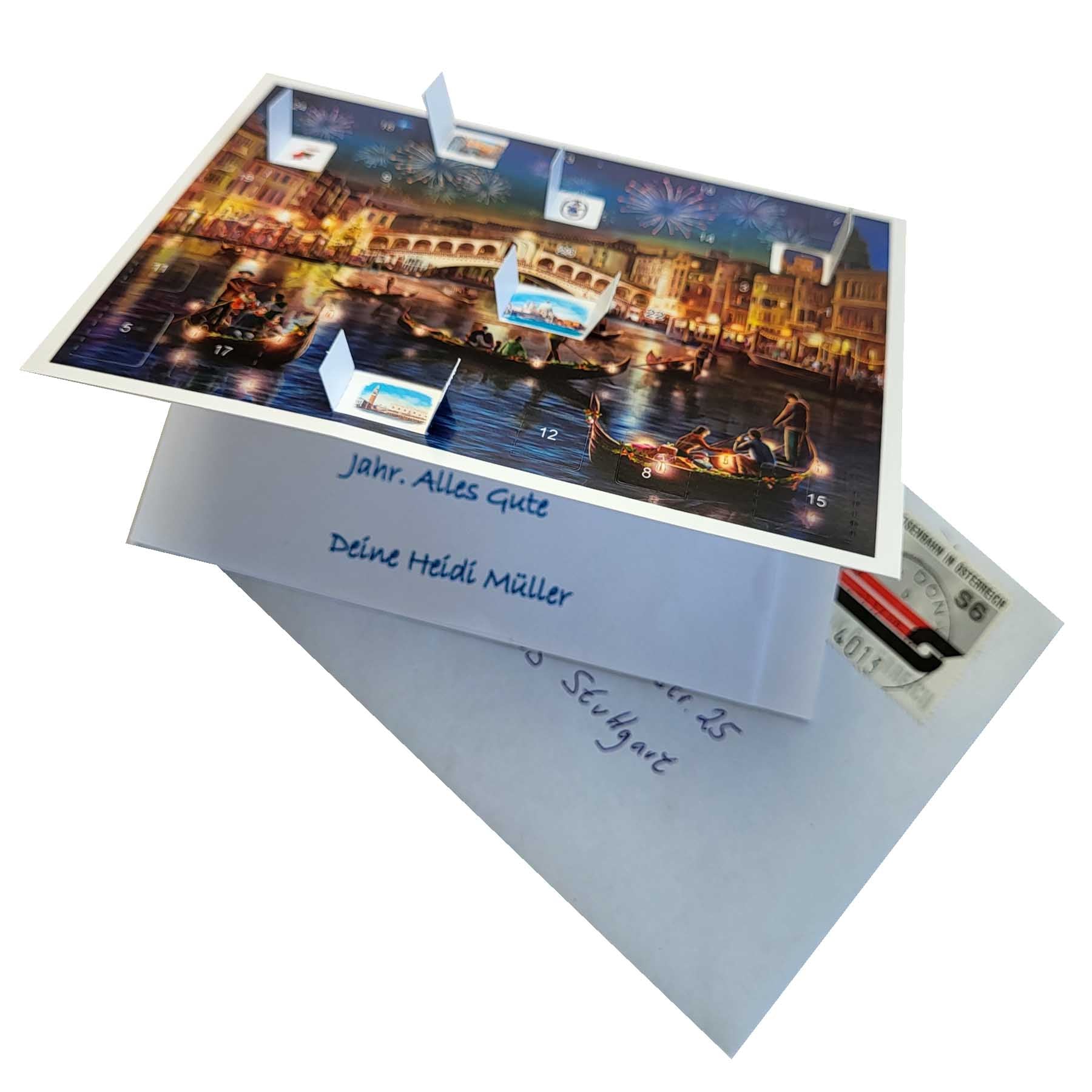 Postkarten-Adventskalender Venedig mit geöffneten Türchen