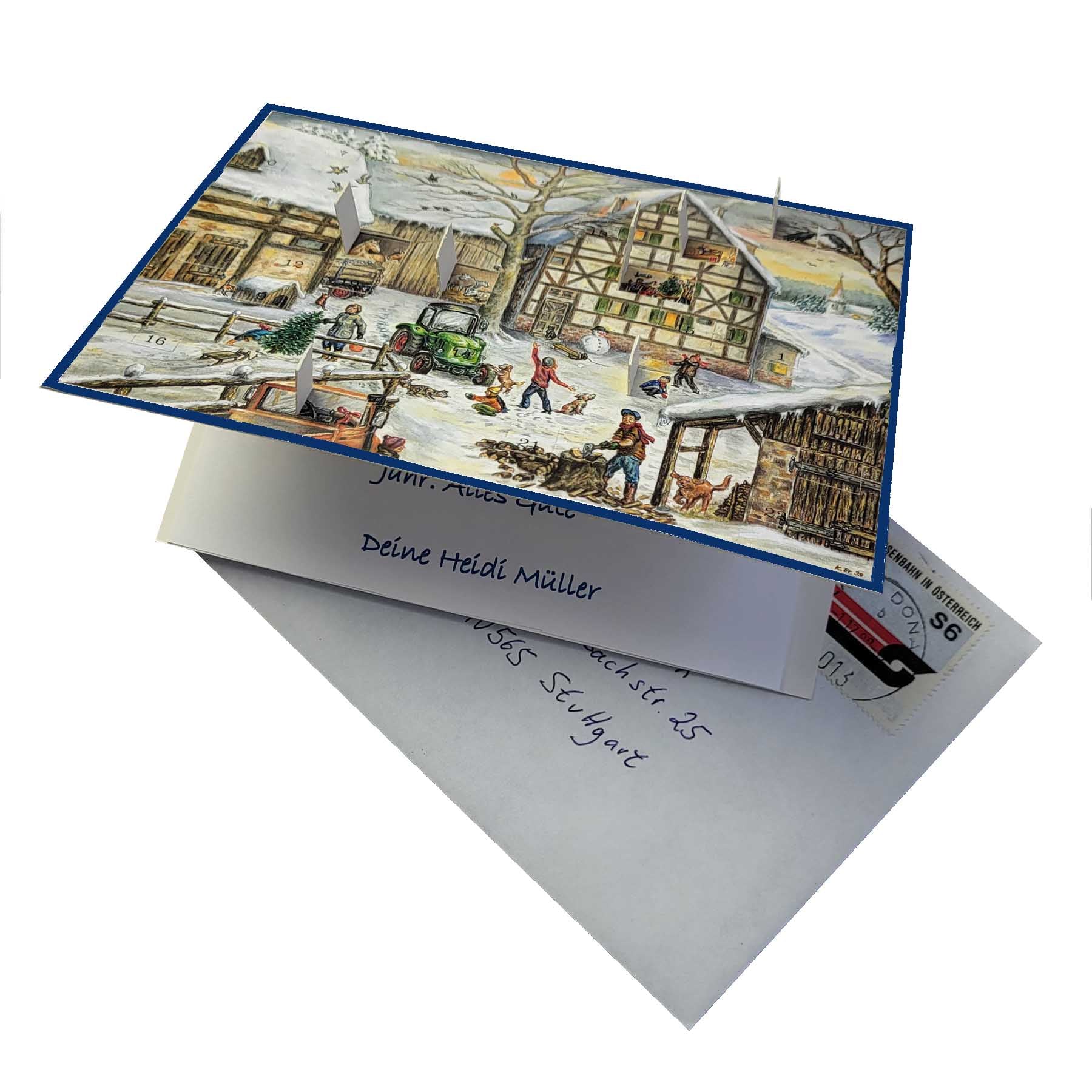 Adventskalender Winter auf dem Bauernhof mit geöffneten Türchen