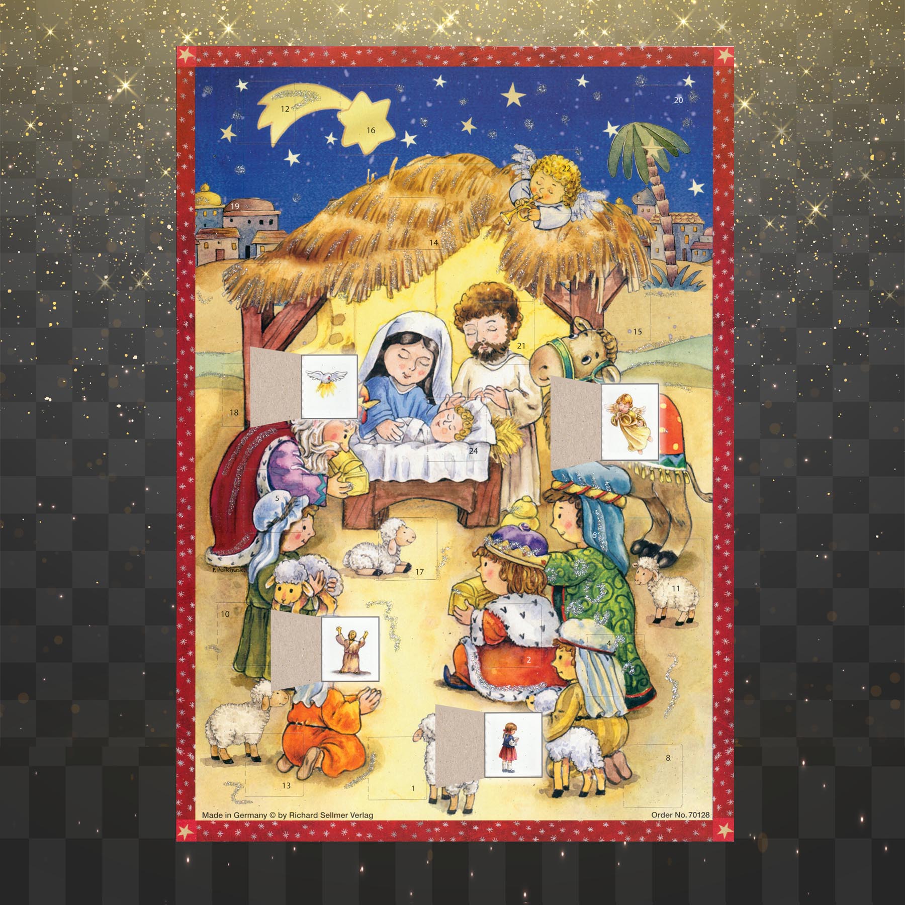 Adventskalender Krippe von Bethlehem mit einigen geöffneten Türchen
