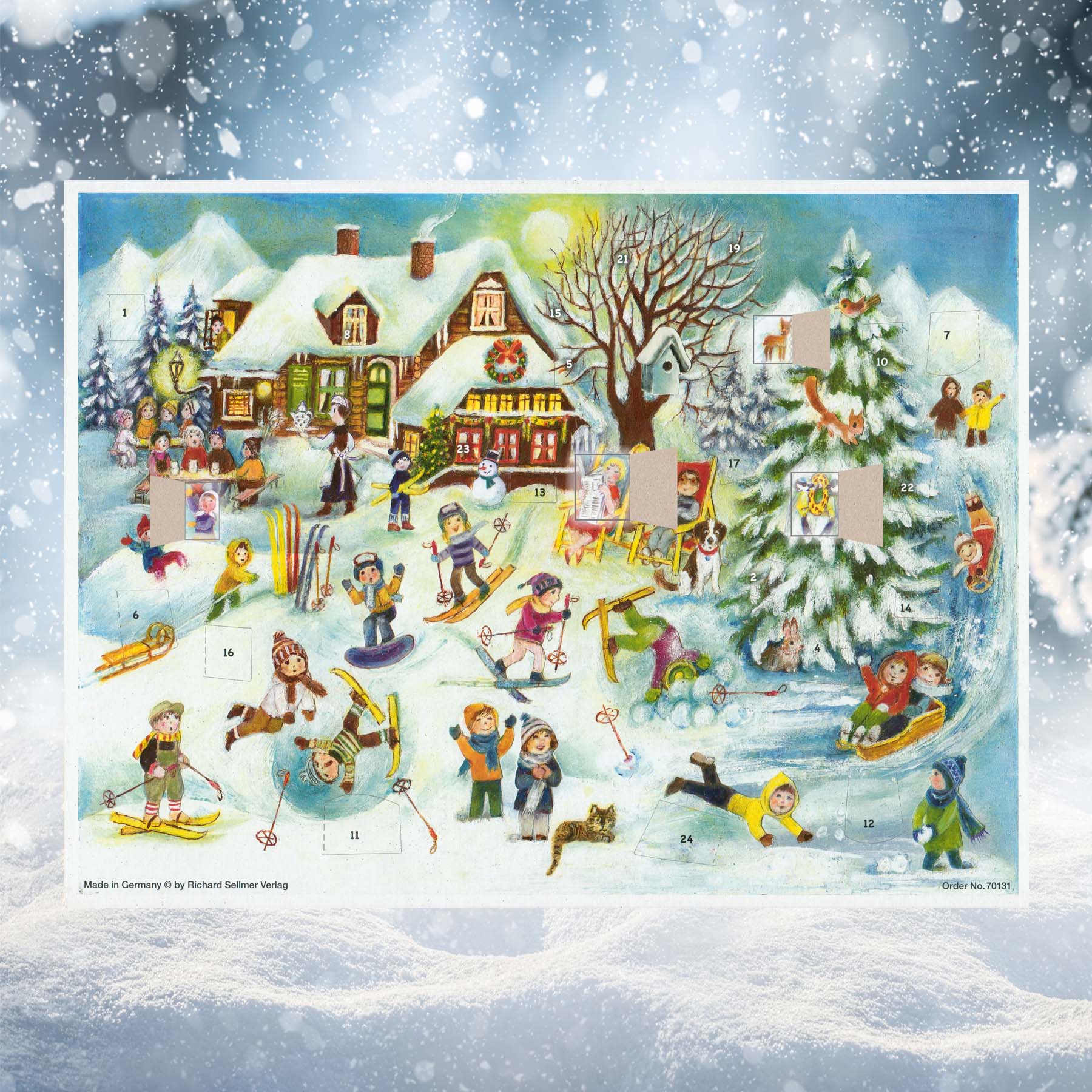 Adventskalender Skihütte mit einigen geöffneten Türchen