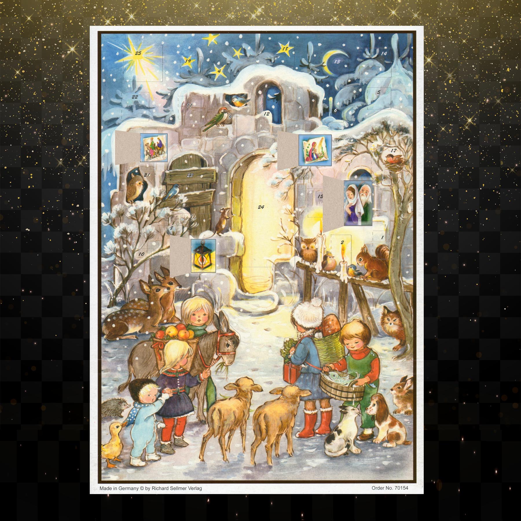 Adventskalender Kommet herbei mit einigen geöffneten Türchen