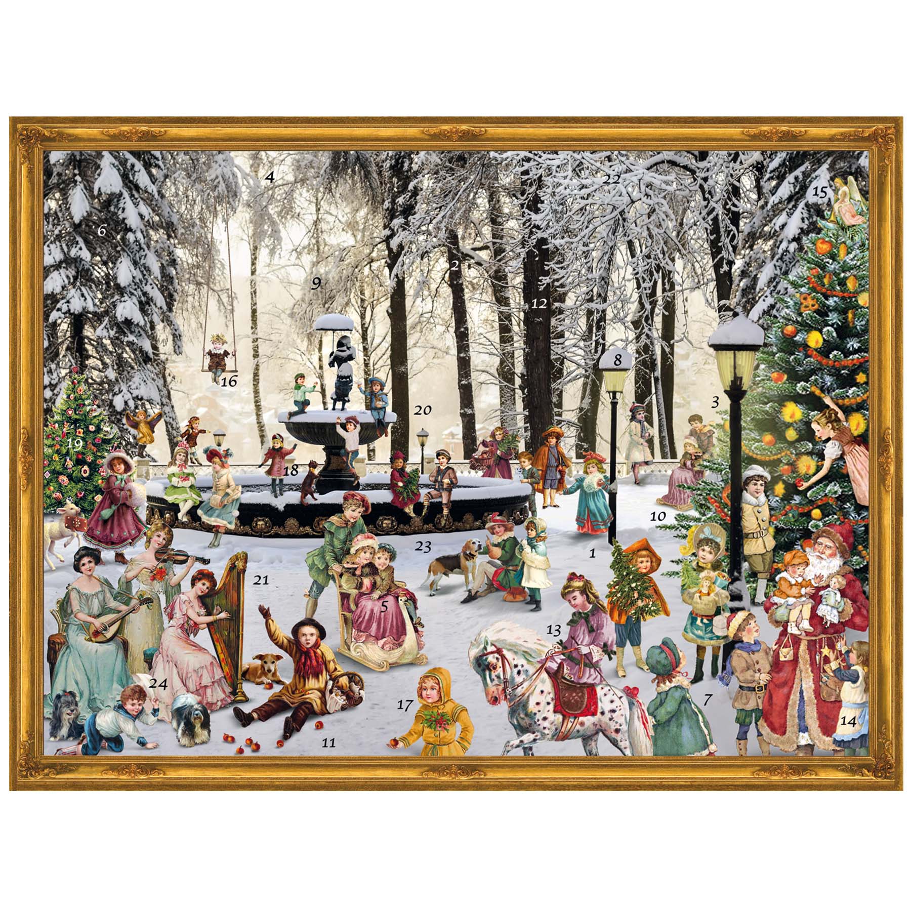 großformatiger Adventskalender verschneiter Brunnen