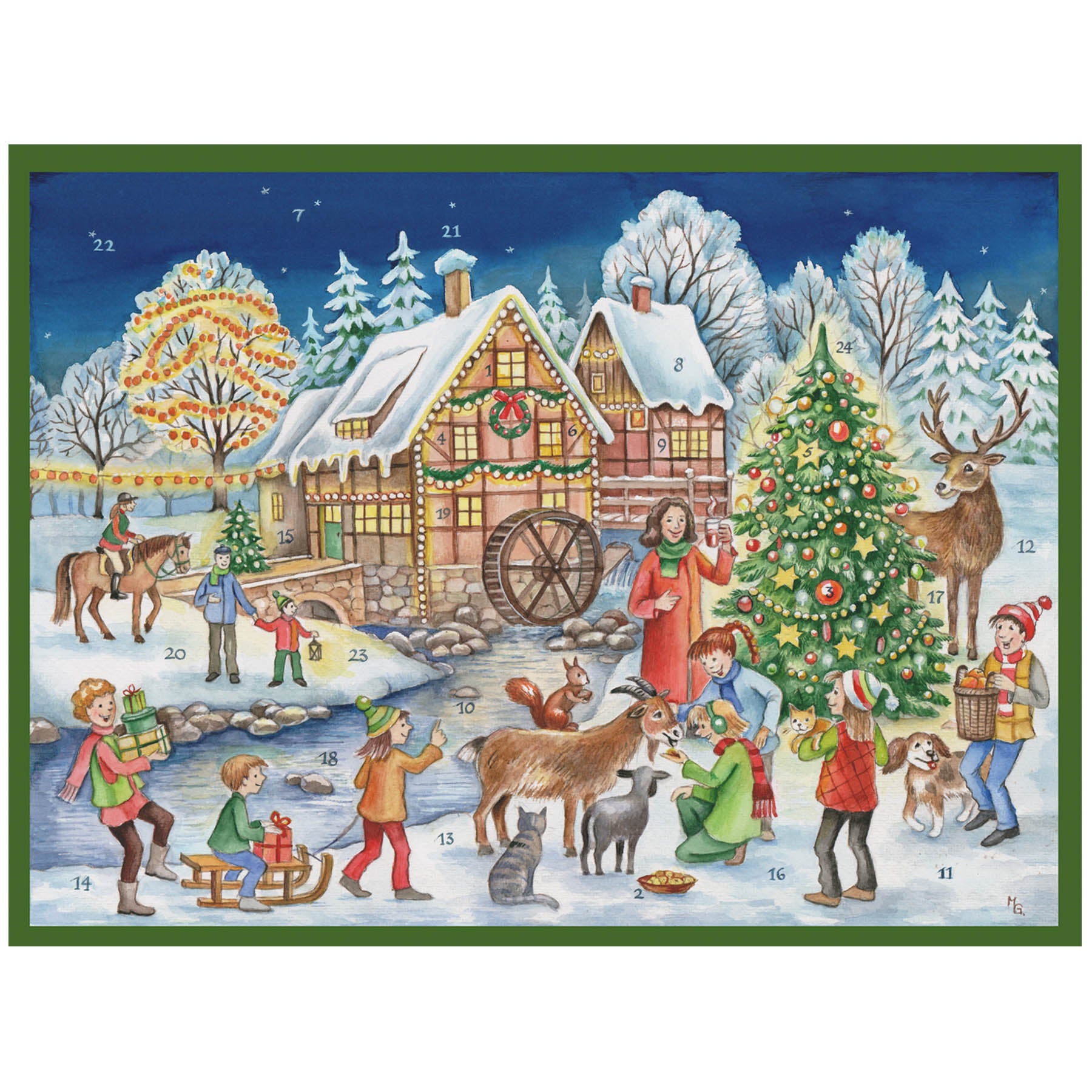 großformatiger Adventskalender weihnachtliches Mühlhaus