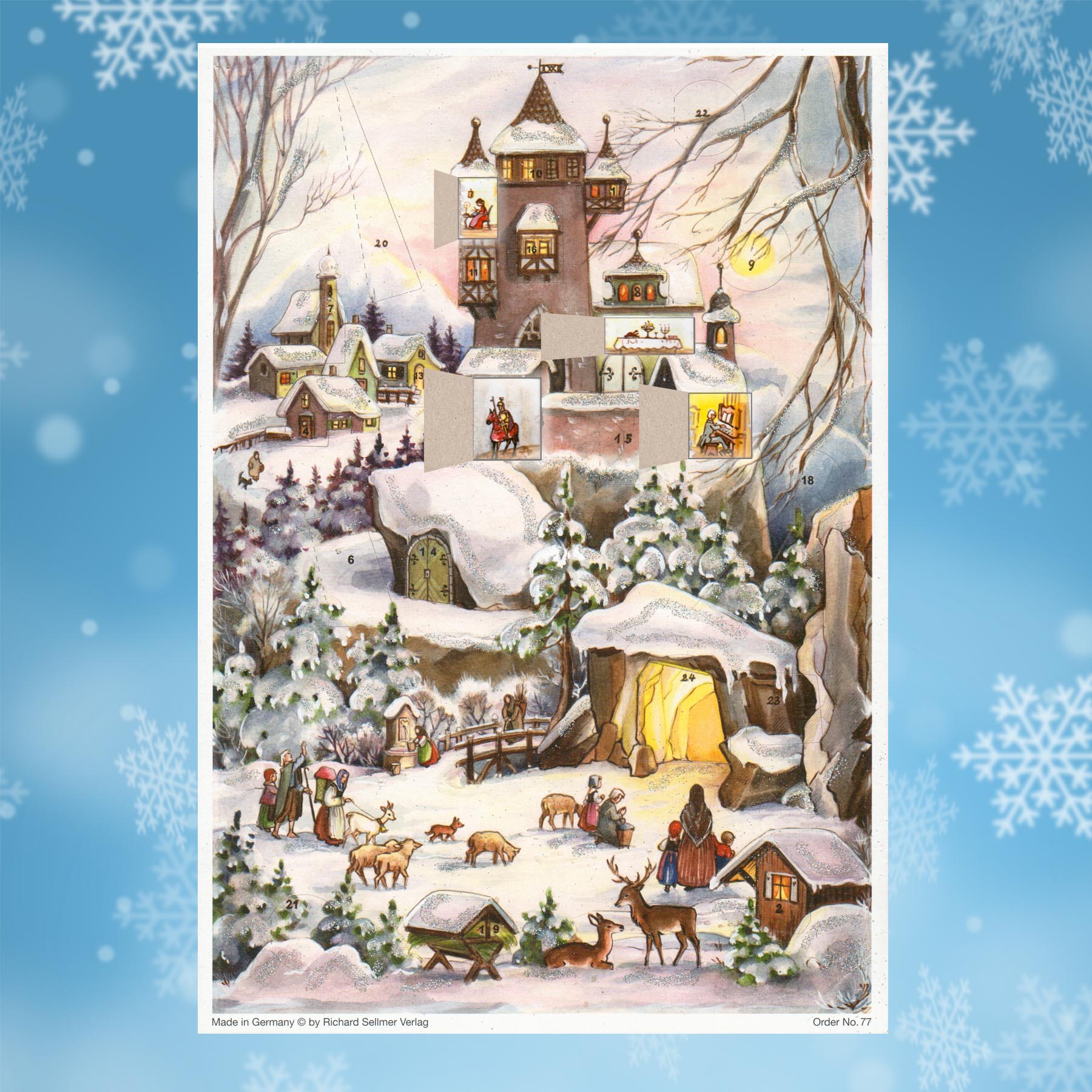 Adventskalender an der Burg mit einigen geöffneten Türchen
