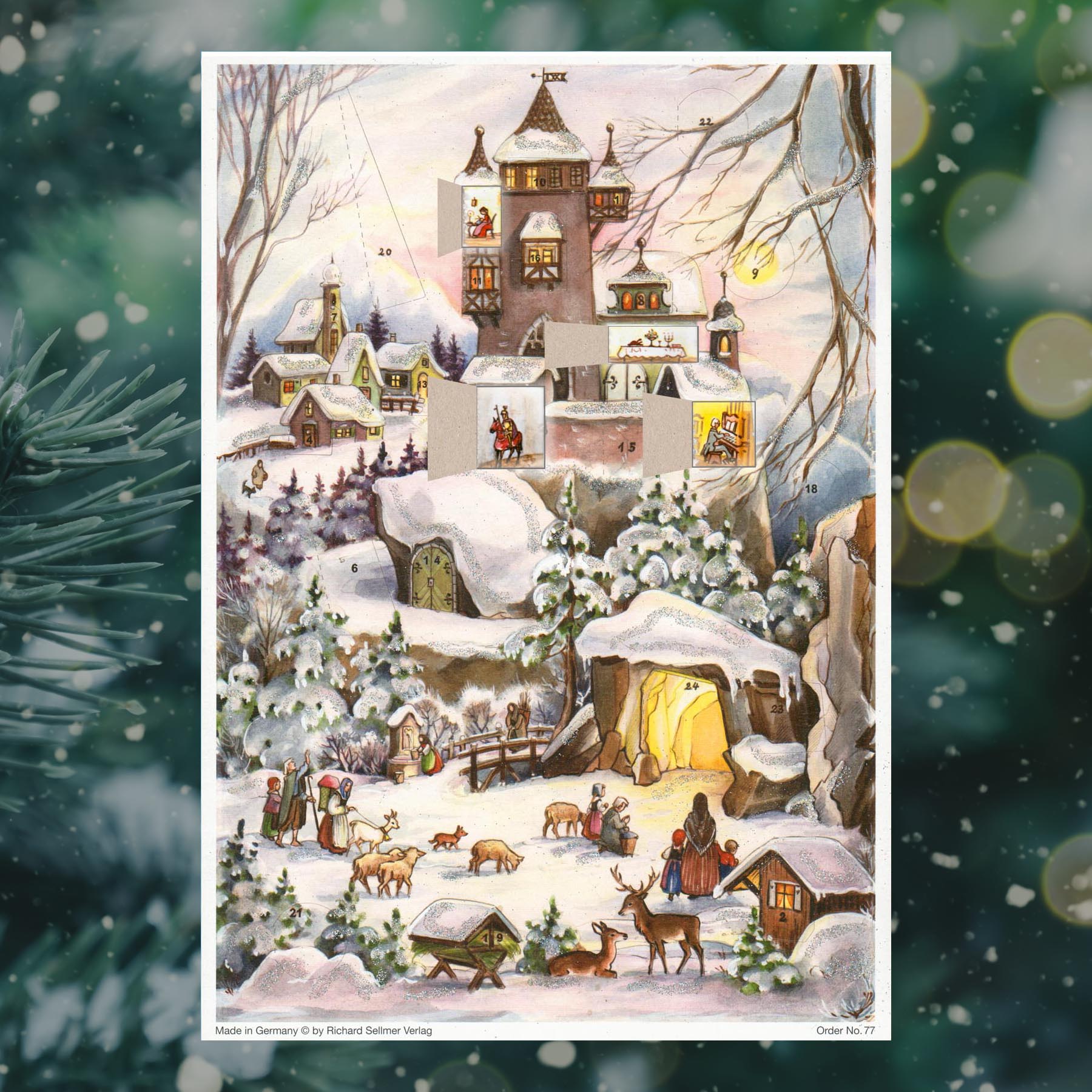 Adventskalender an der Burg mit einigen geöffneten Türchen