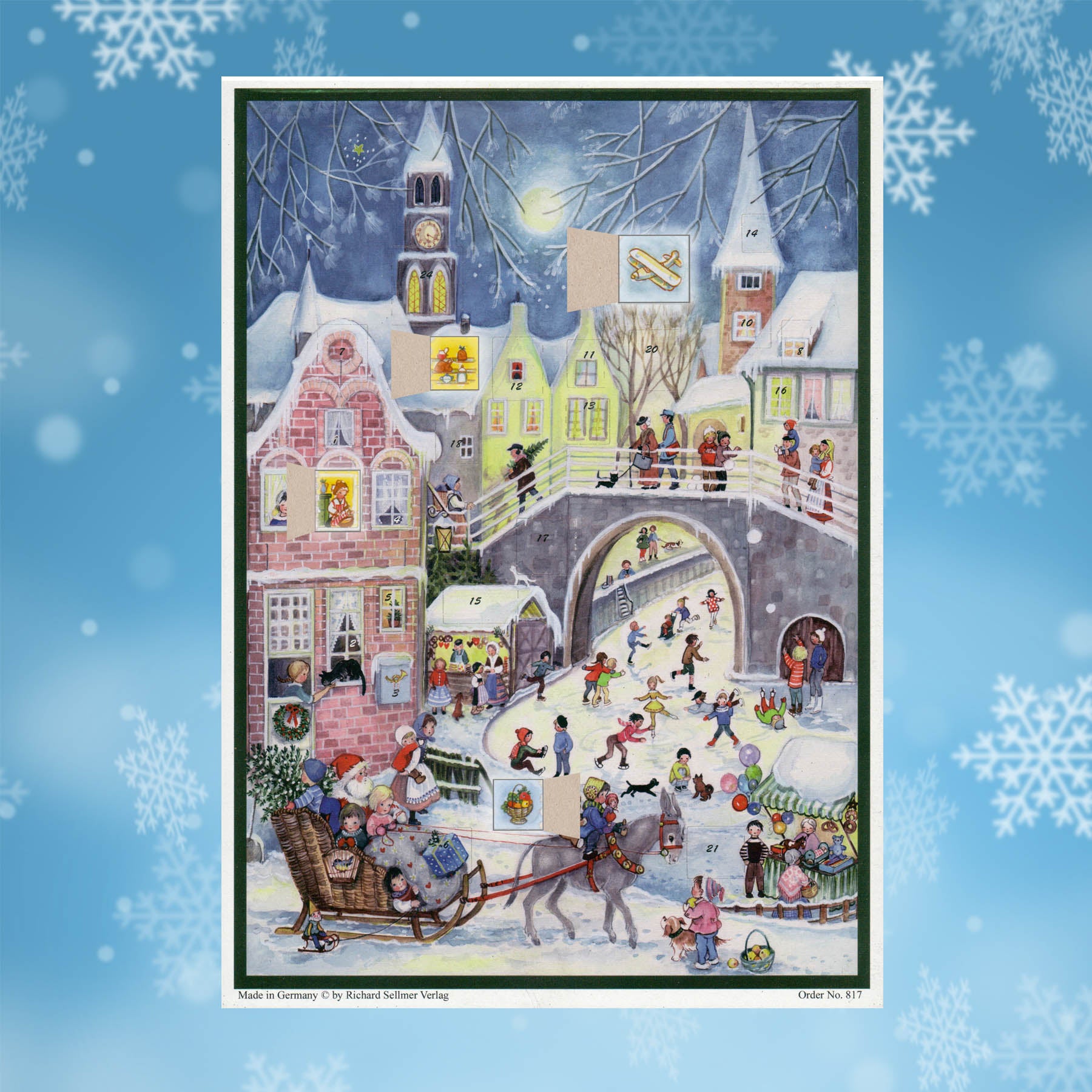 Adventskalender buntes Treiben an der Brücke mit einigen geöffneten Türchen