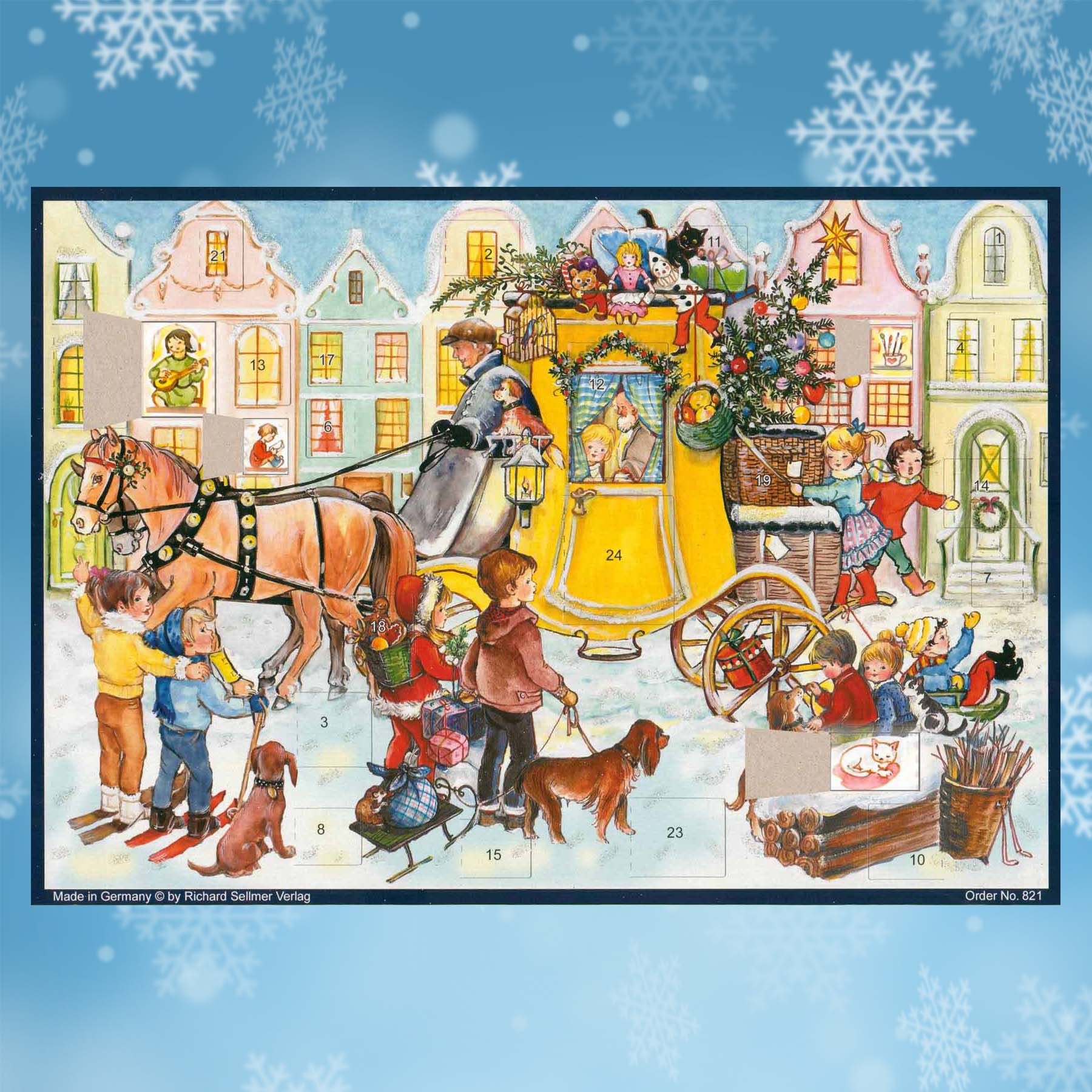 Adventskalender Postkutsche mit einigen geöffneten Türchen