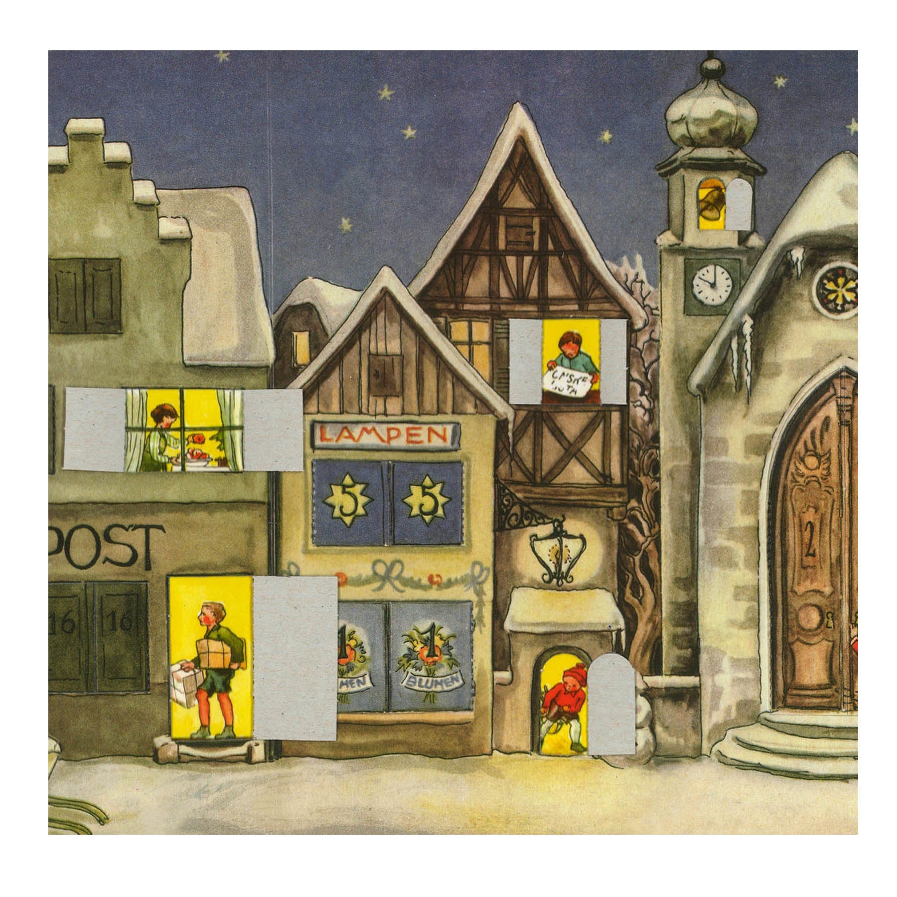 Adventskalender aus Papier "Die kleine Stadt" - geöffnete Türchen