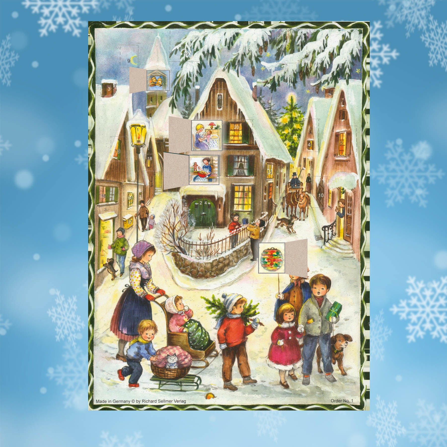 Adventskalender Weihnachten im Dorfmit einigen geöffneten Türchen