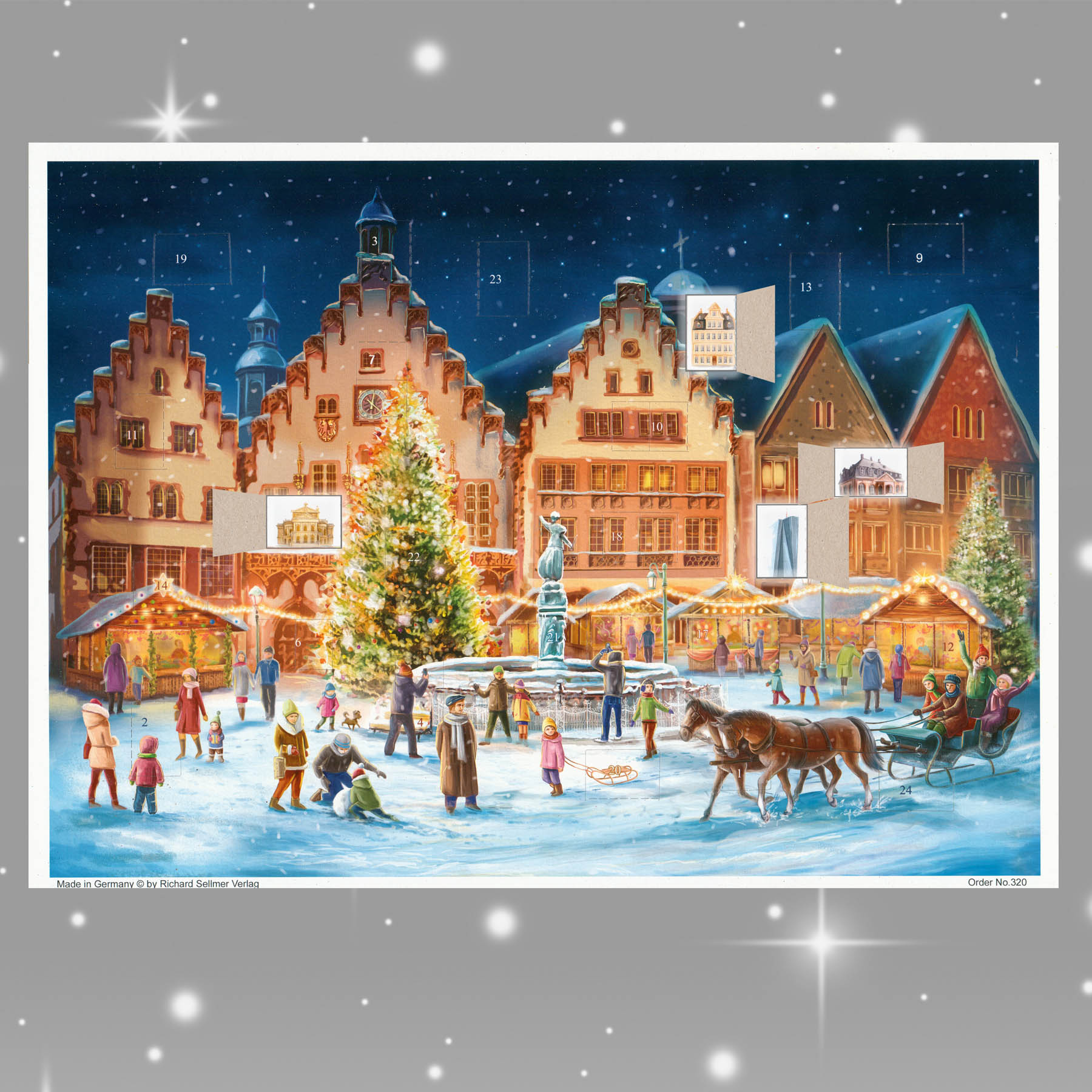 Adventskalender Frankfurt Römer mit einigen geöffneten Türchen