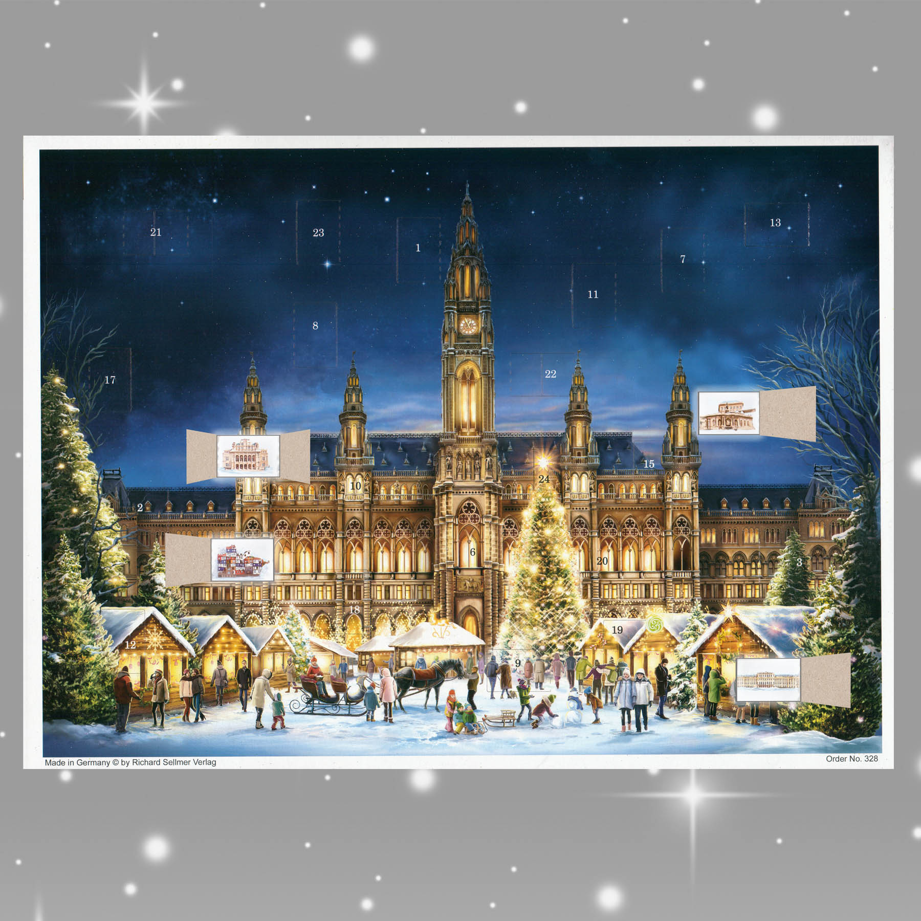 Adventskalender Wien Rathaus mit einigen geöffneten Türchen