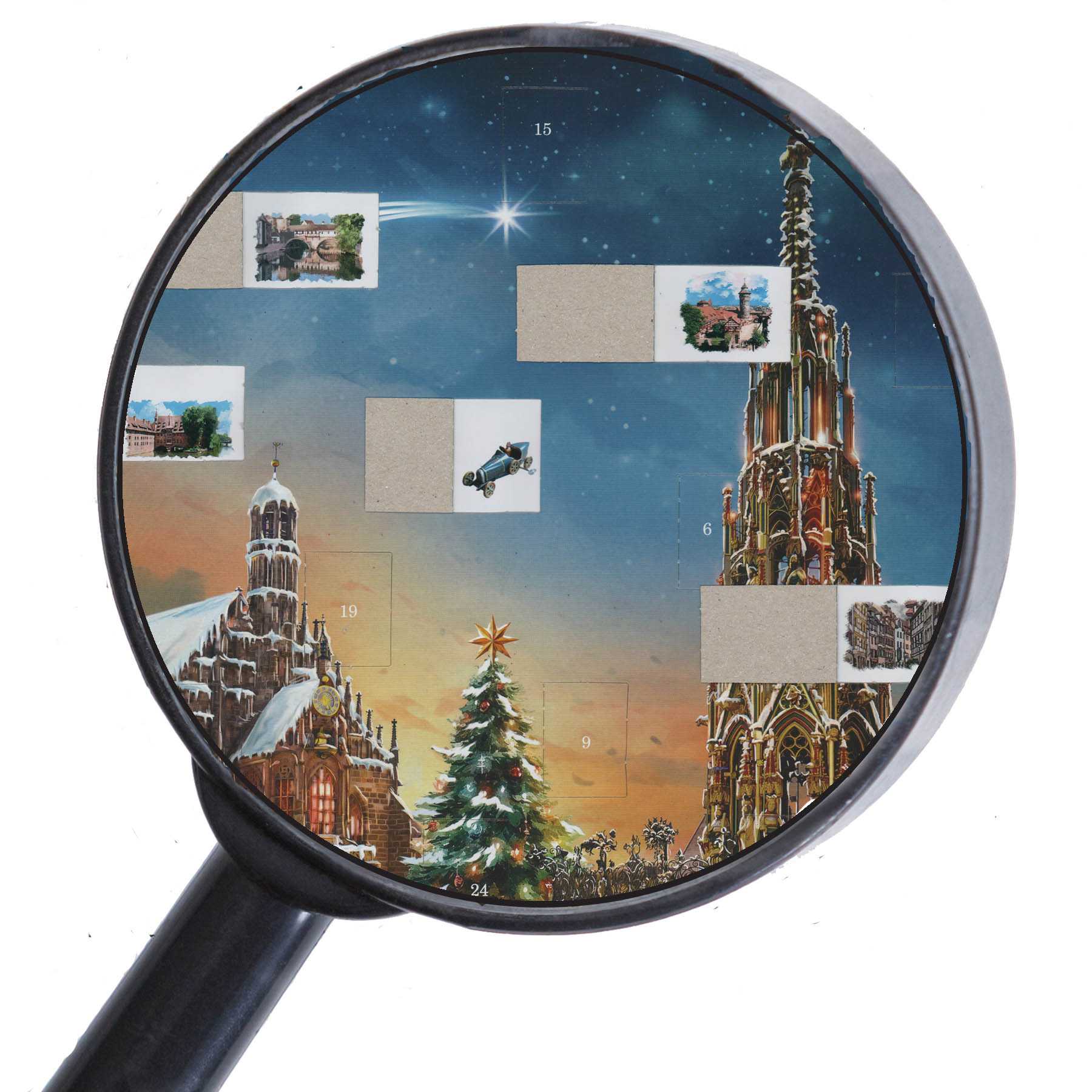 Adventskalender Nürnberg mit einigen geöffneten Türchen