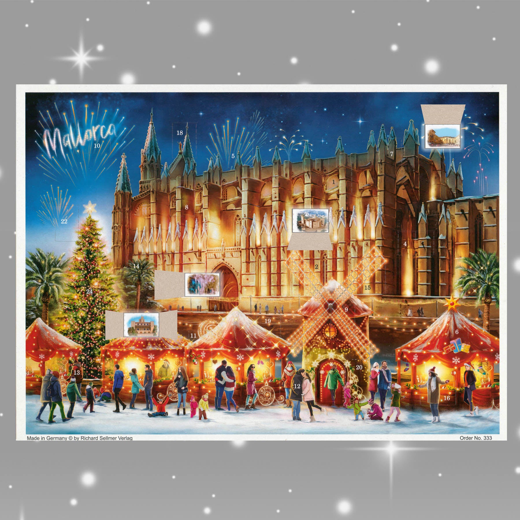 Adventskalender Mallorca mit einigen geöffneten Türchen