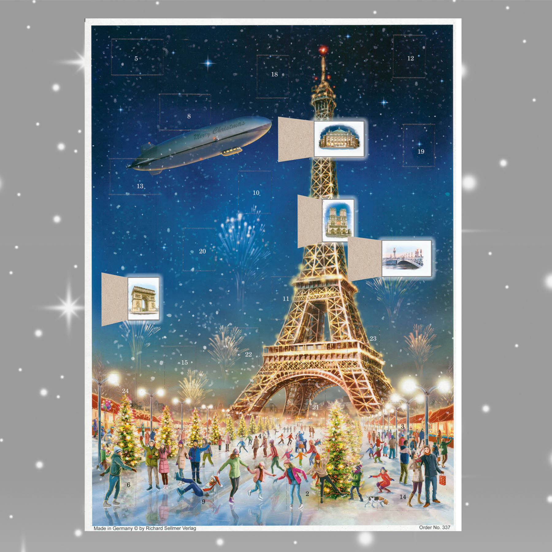 Adventskalender Paris mit einigen geöffneten Türchen