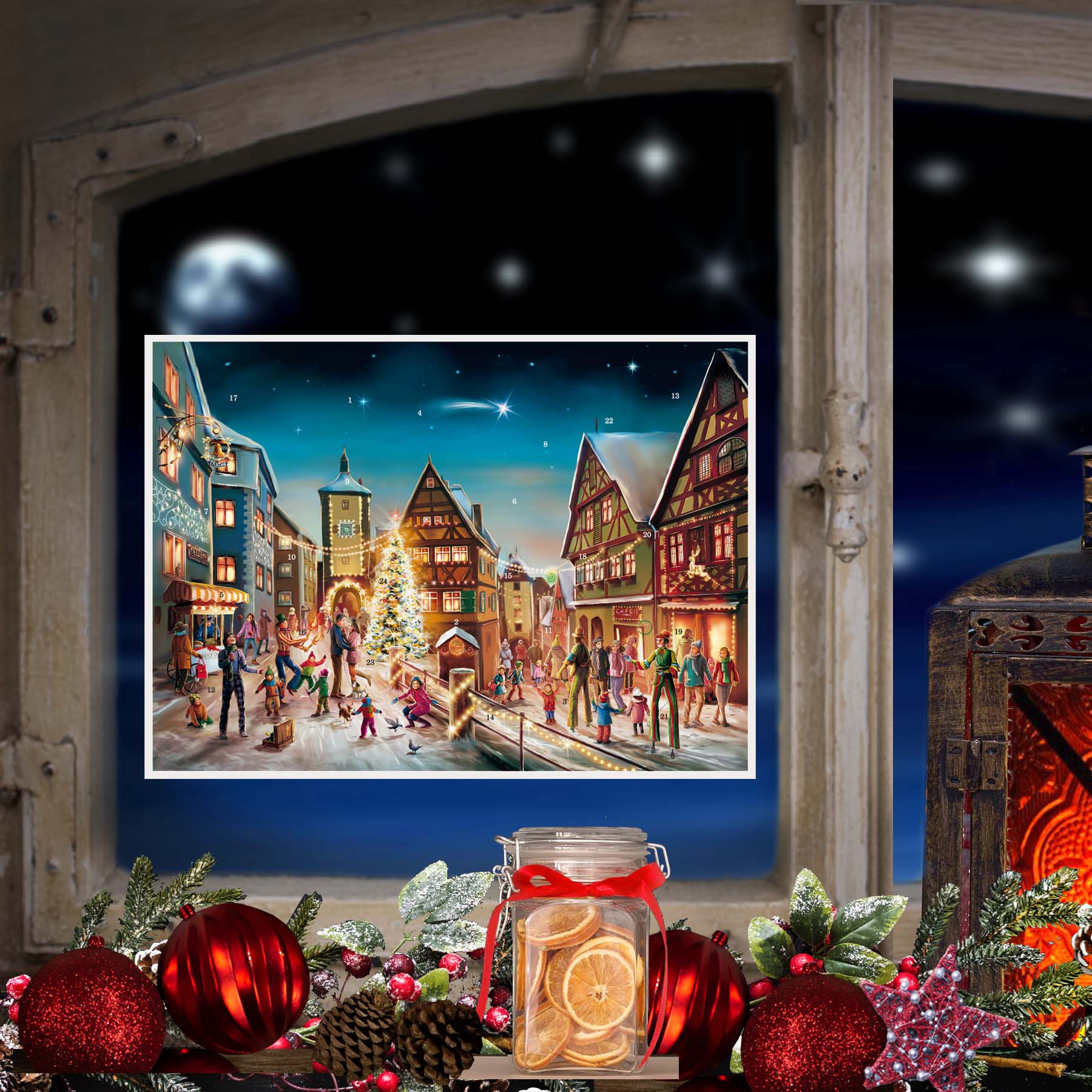 Adventskalender "Rothenburg" am Fenster hängend