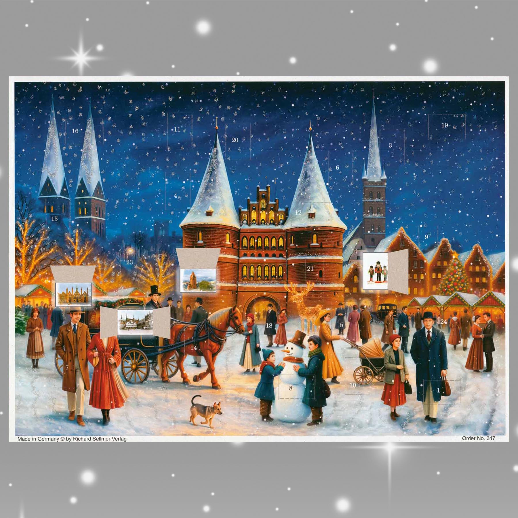 Adventskalender Holstentor mit einigen geöffneten Türchen