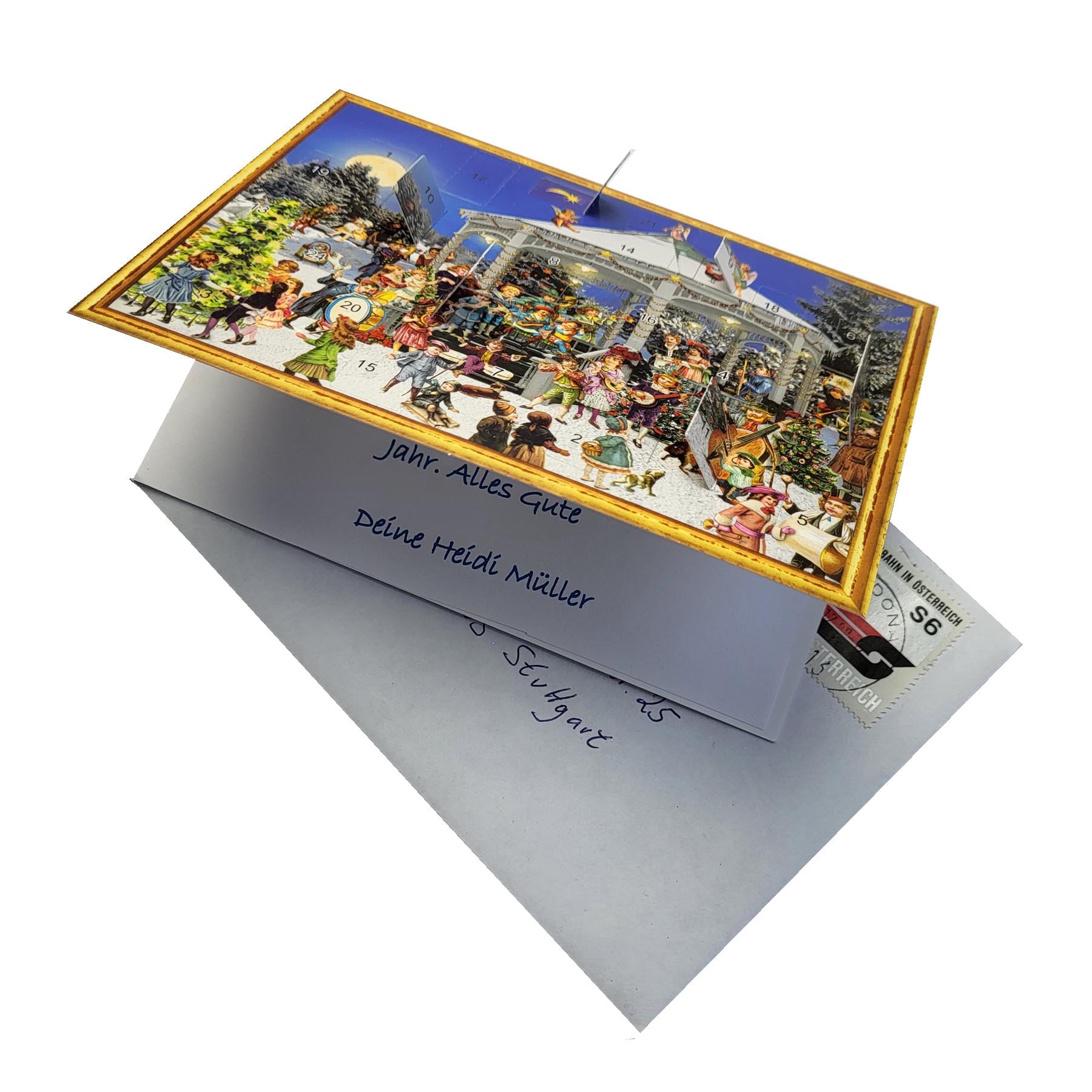 Postkarten-Adventskalender Pavillon mit geöffneten Türchen