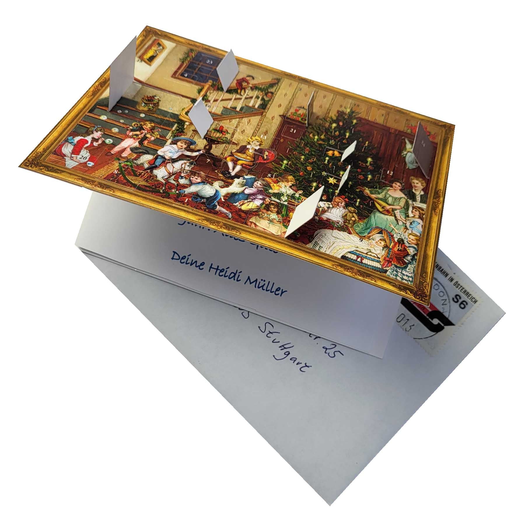 Postkarten Adventskalender Weihnachtsstube mit geöffneten Türchen