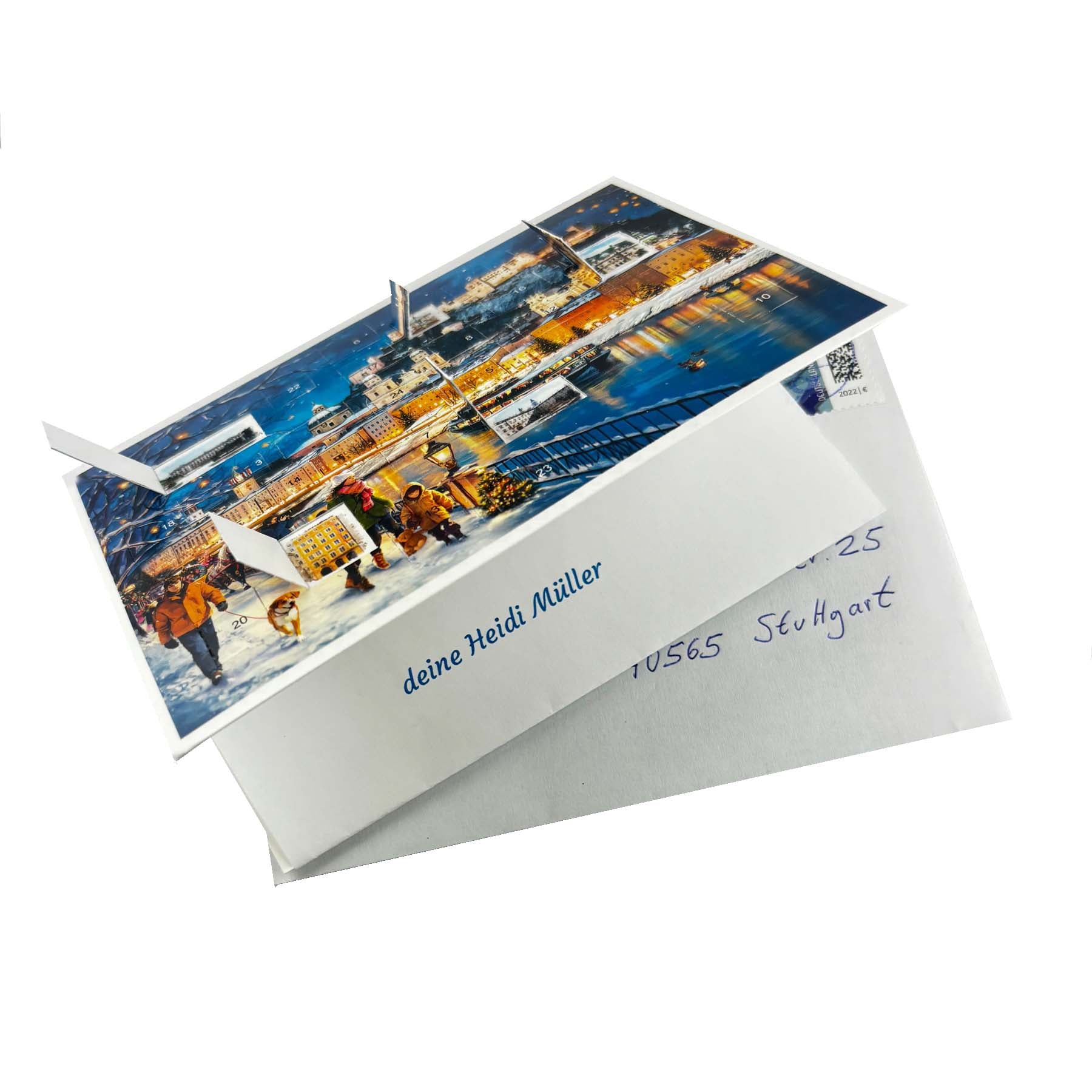 Postkarten-Adventskalender Salzburg mit geöffneten Türchen