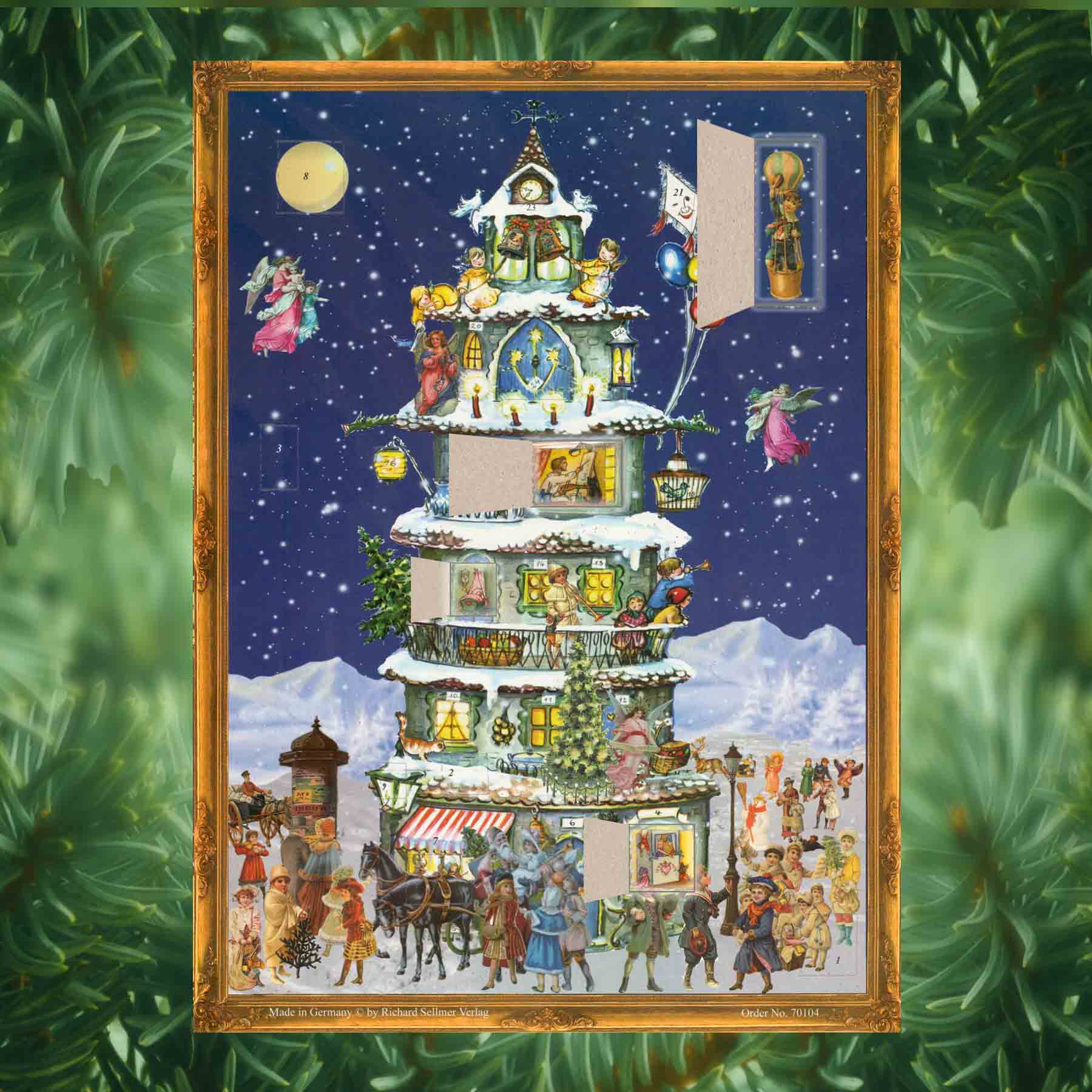 Adventskalender Weihnachtsturm mit einigen geöffneten Türchen thumbnail