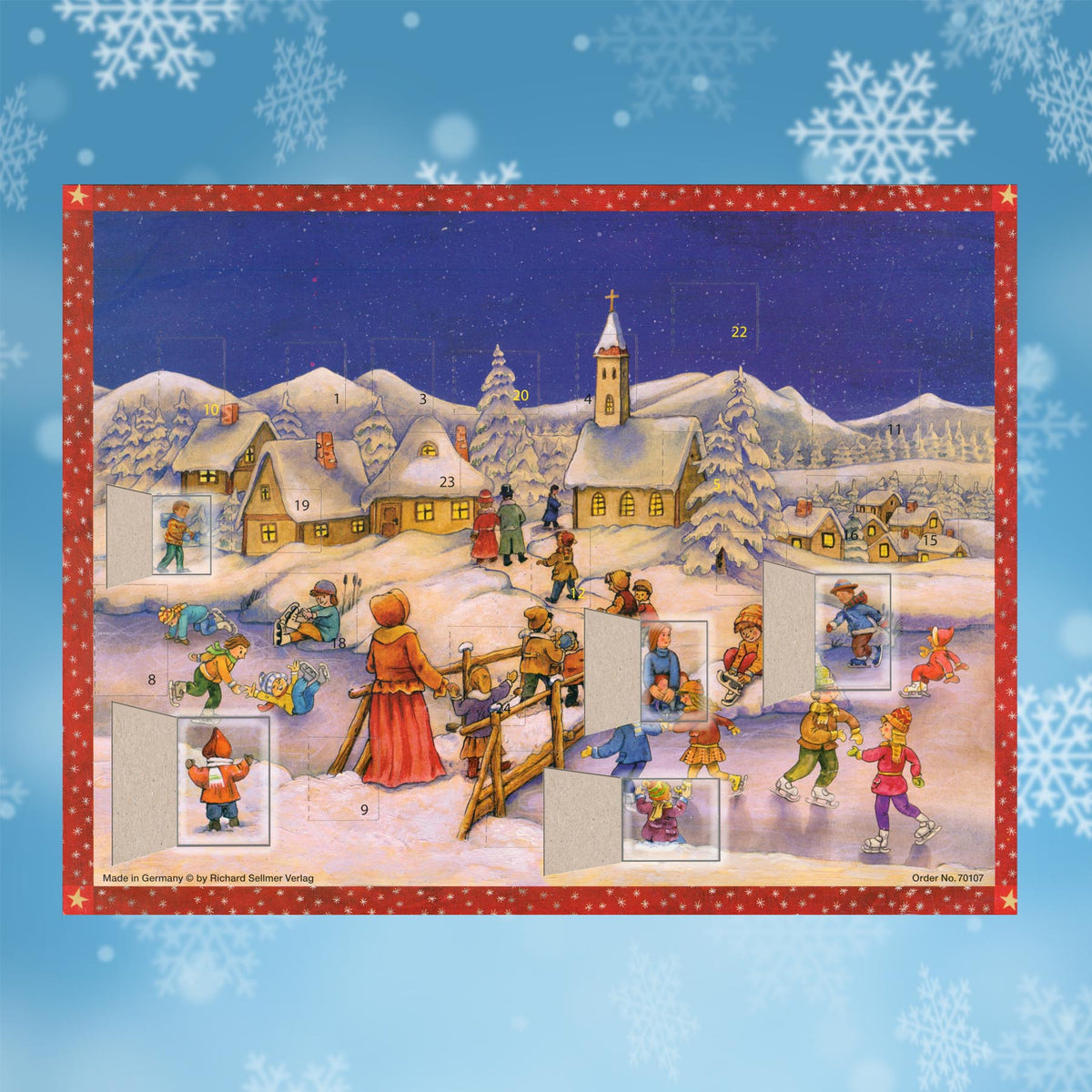 Adventskalender Eislaufen ist toll mit einigen geöffneten Türchen