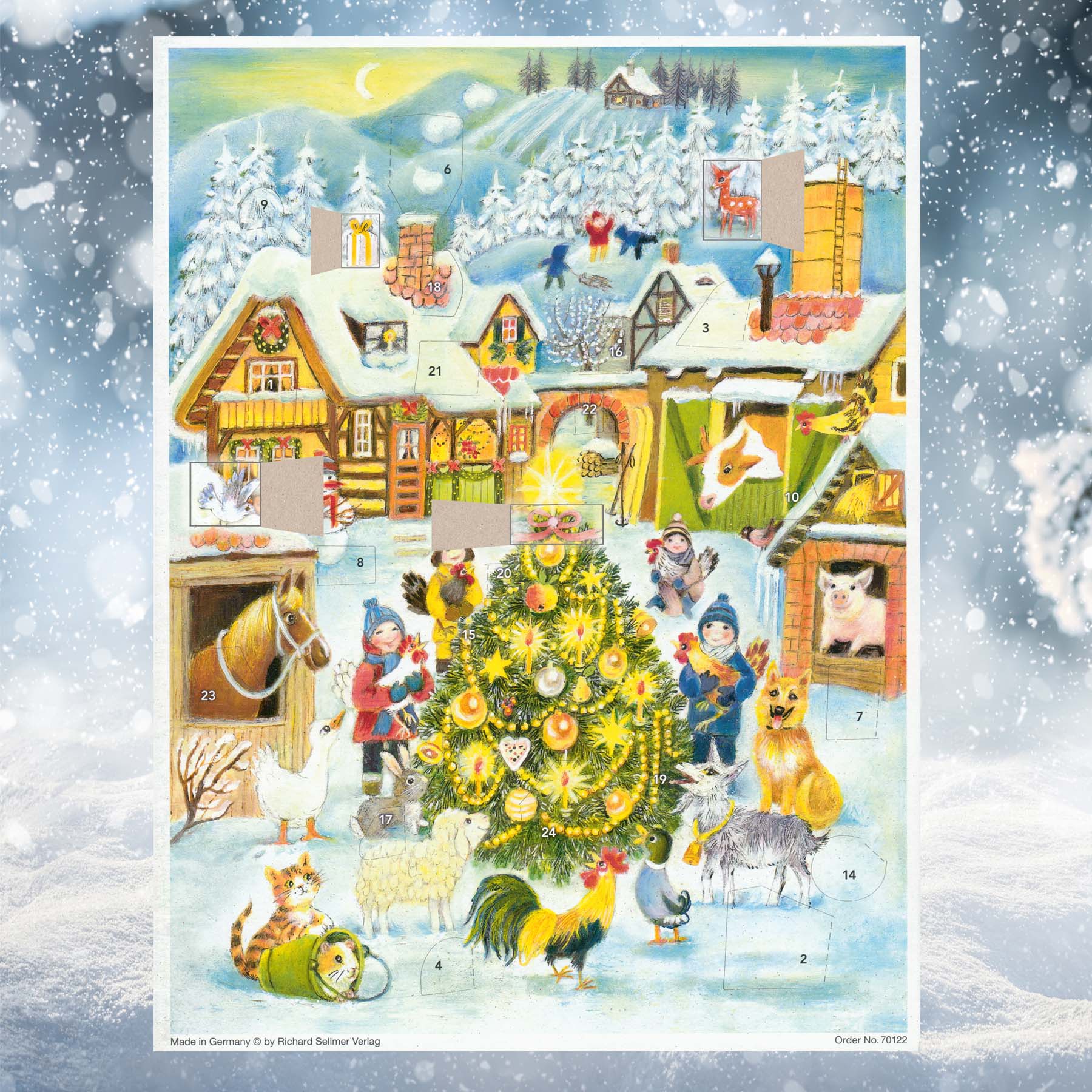 Adventskalender Weihnachten auf dem Bauernhof mit einigen geöffneten Türchen thumbnail
