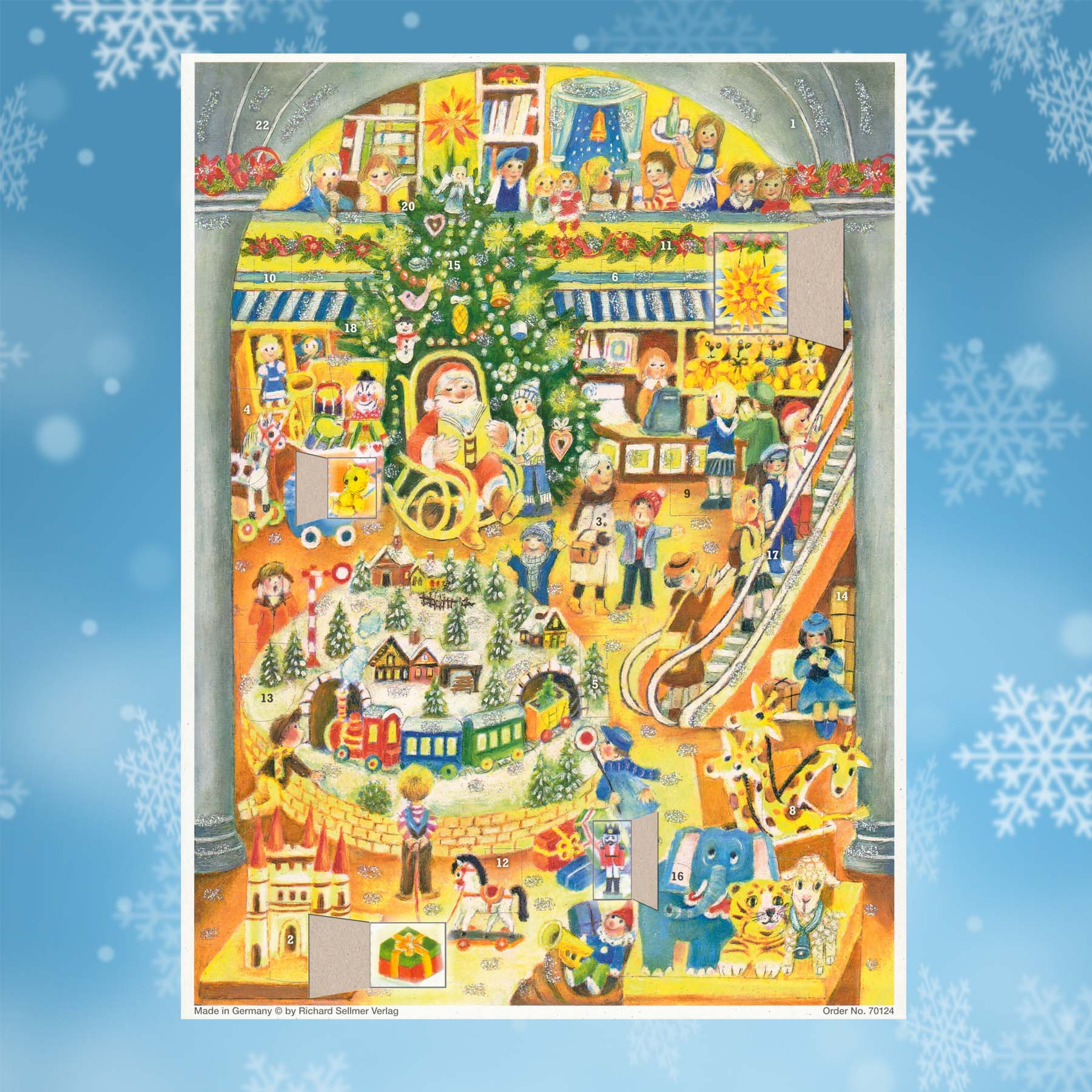 Adventskalender weihnachtlicher Spielzeugladen mit einigen geöffneten Türchen