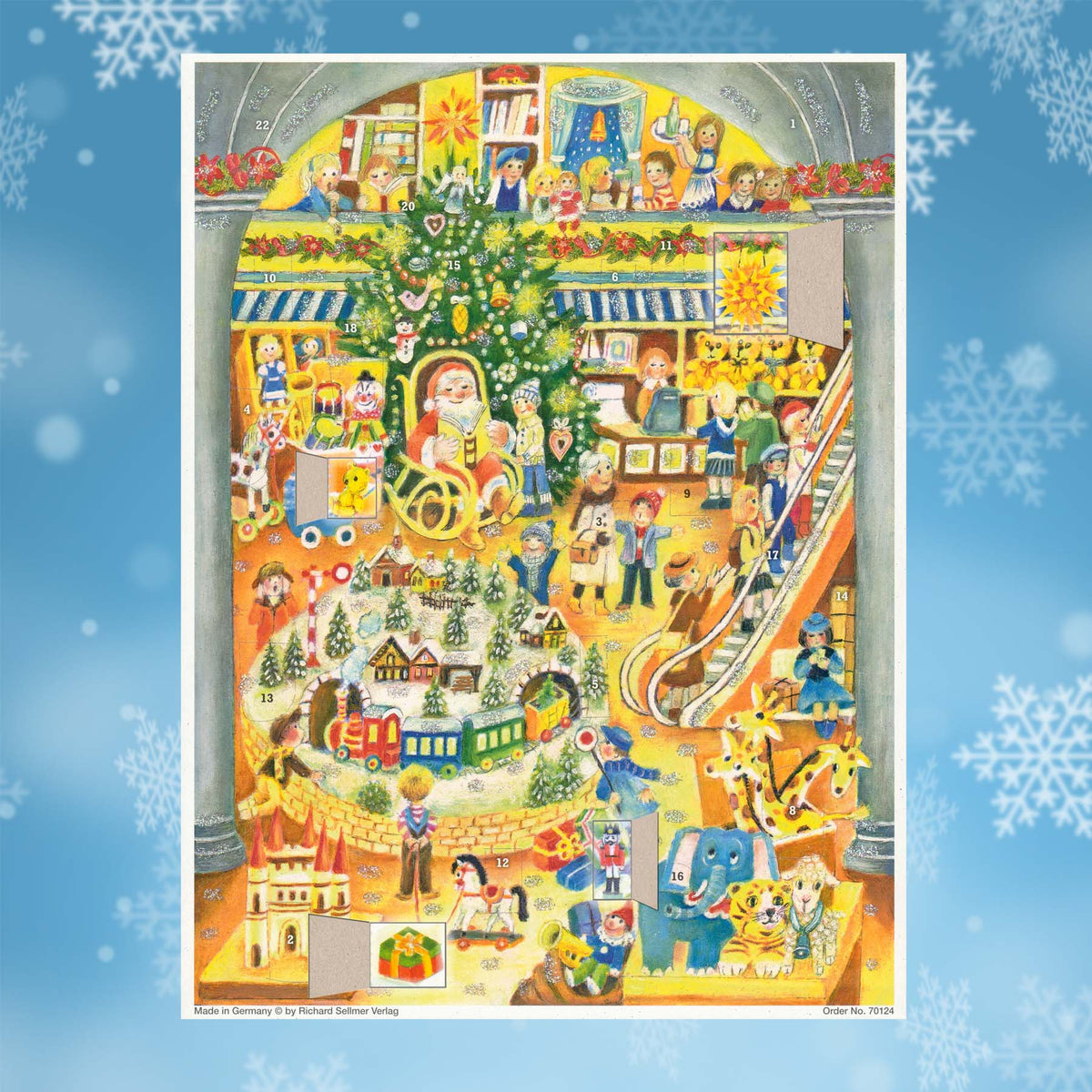 Adventskalender weihnachtlicher Spielzeugladen mit einigen geöffneten Türchen thumbnail