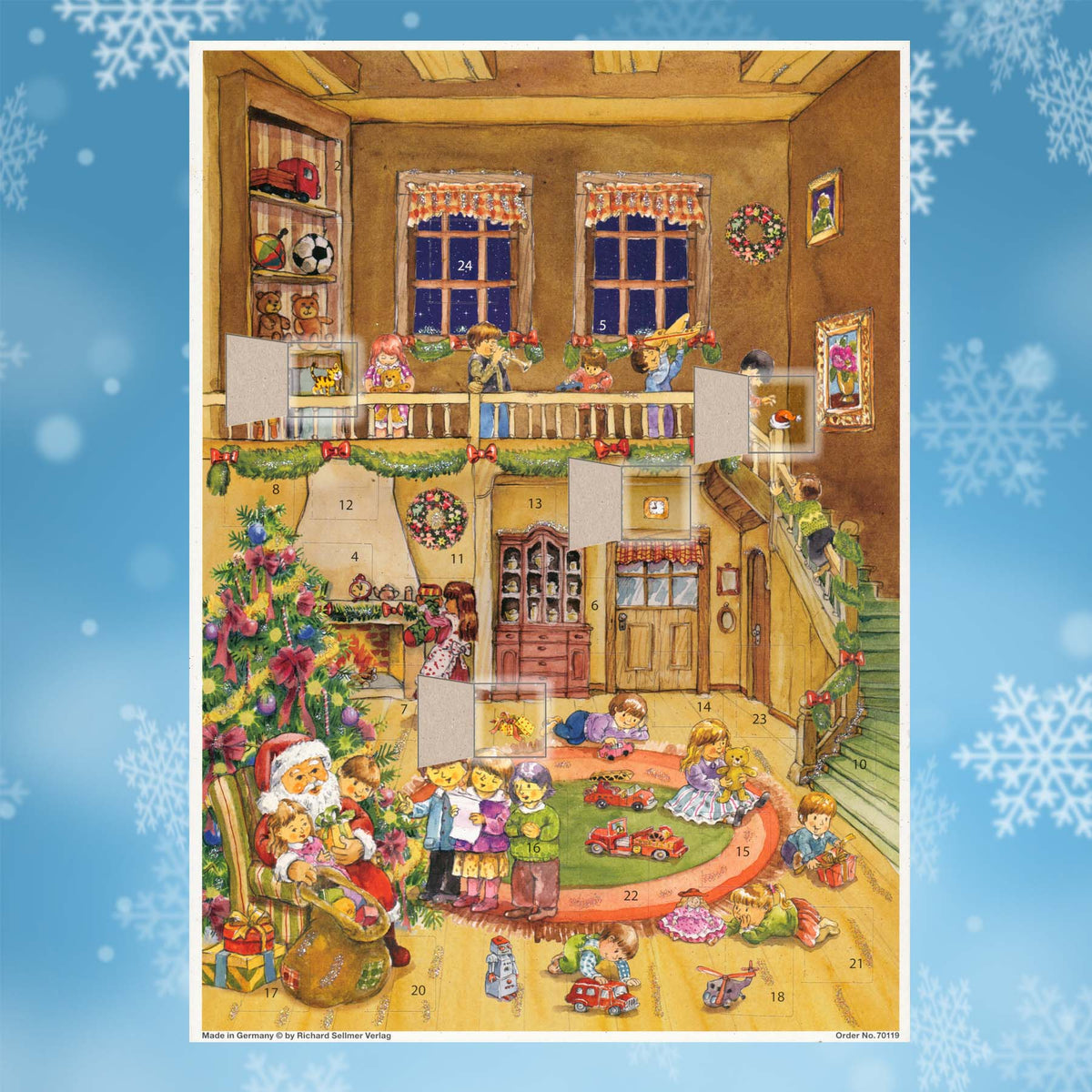 Adventskalender Geschenke vom Weihnachtsmann mit einigen geöffneten Türchen