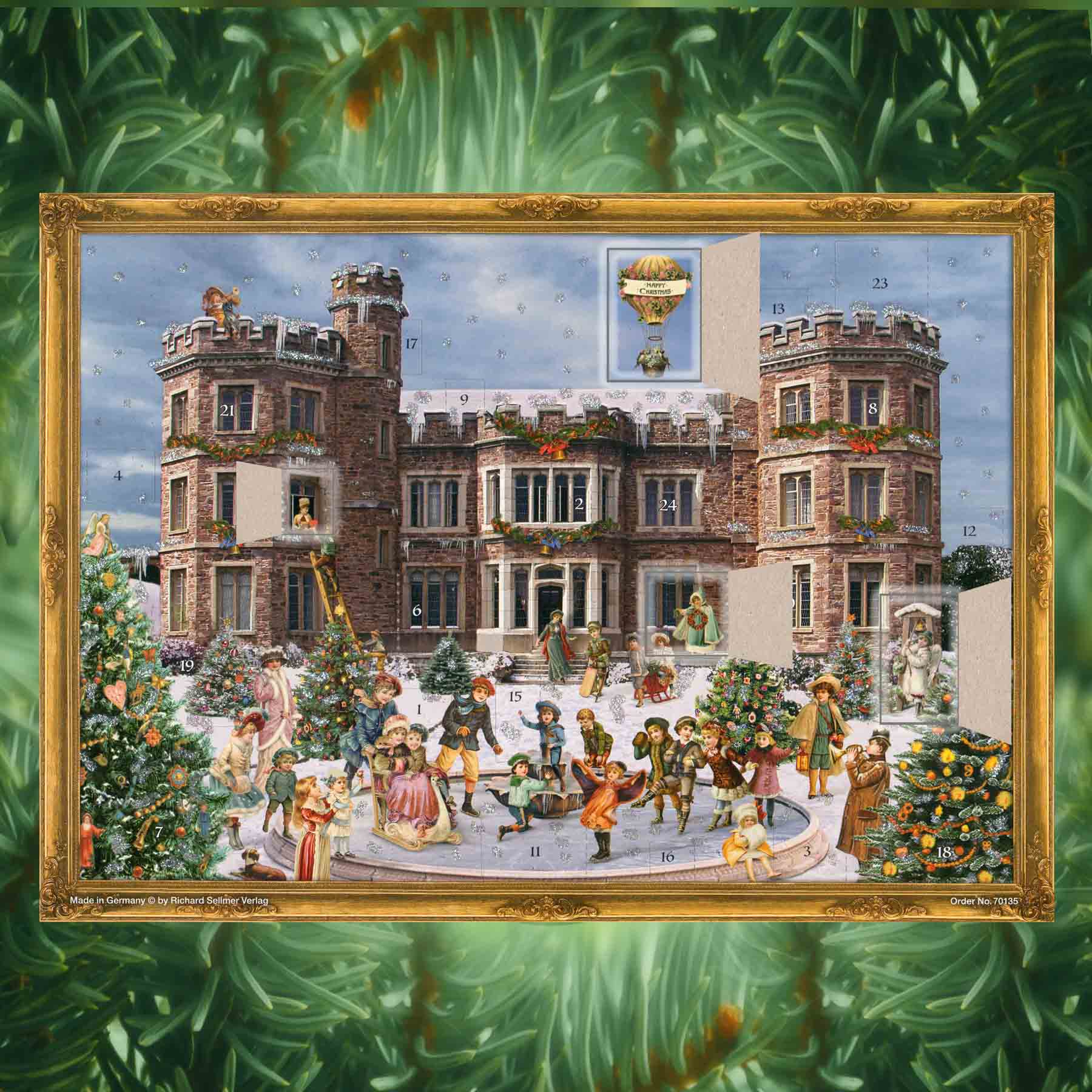 Adventskalender Landschloss mit einigen geöffneten Türchen thumbnail