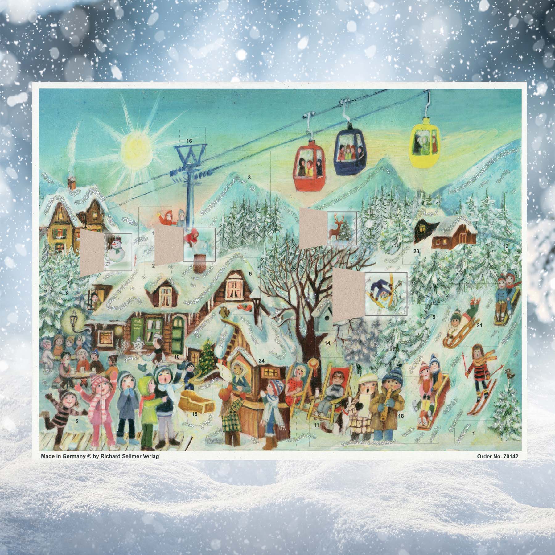 Adventskalender im Skigebiet mit einigen geöffneten Türchen thumbnail