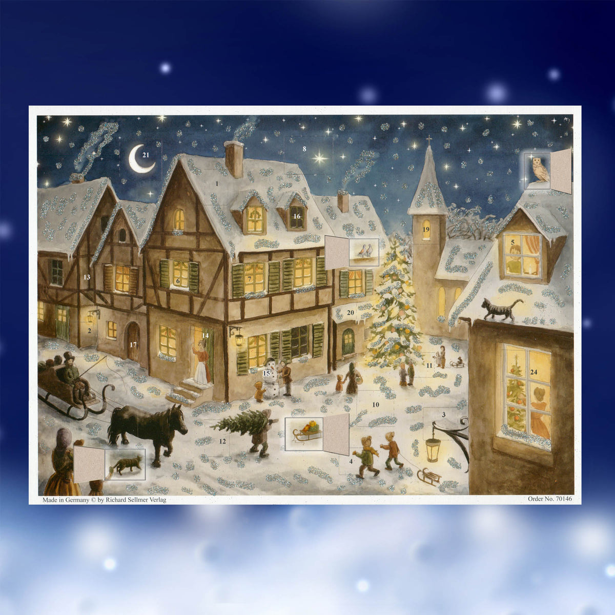 Adventskalender Weihnachtsabend im Dorf mit einigen geöffneten Türchen