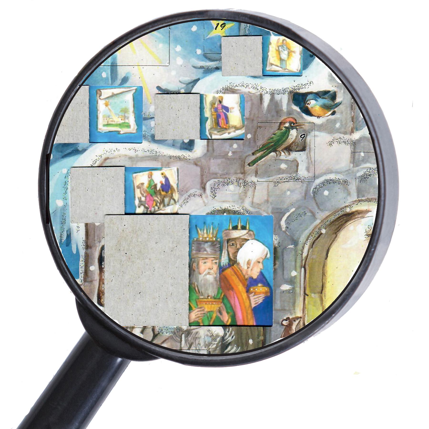 Adventskalender  "Kommet herbei" mit einigen geöffneten Türchen thumbnail