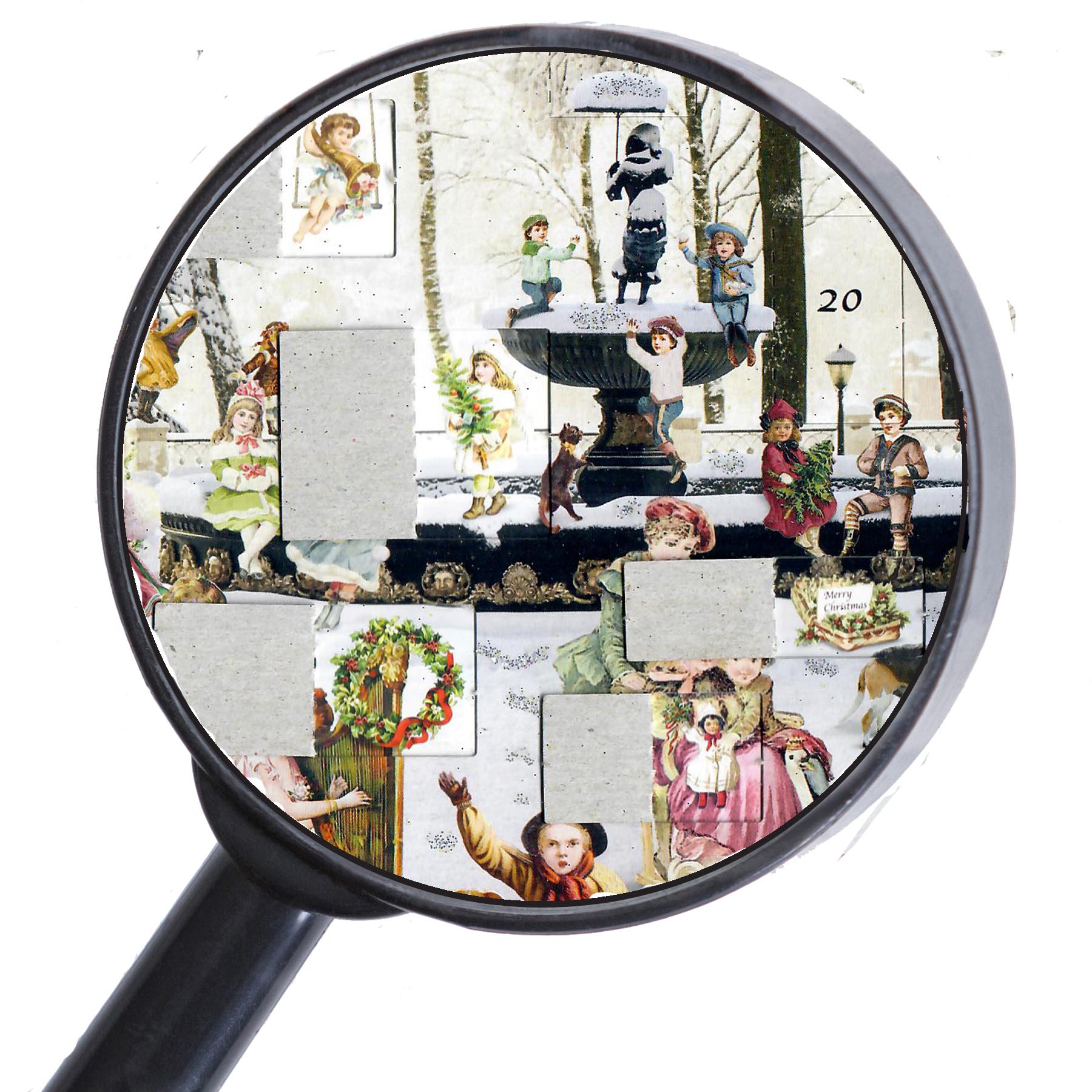 Adventskalender "Verschneiter Brunnen" mit einigen geöffneten Türchen thumbnail