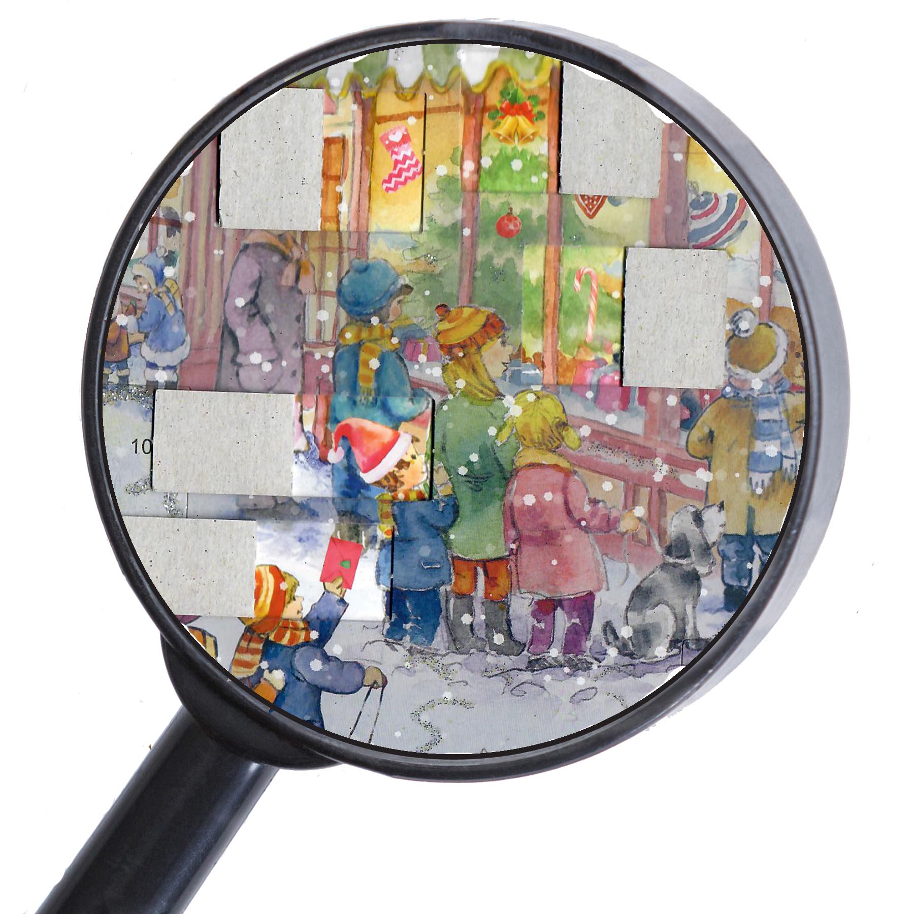 Adventskalender "Am Spielzeugladen" mit einigen geöffneten Fensterchen thumbnail