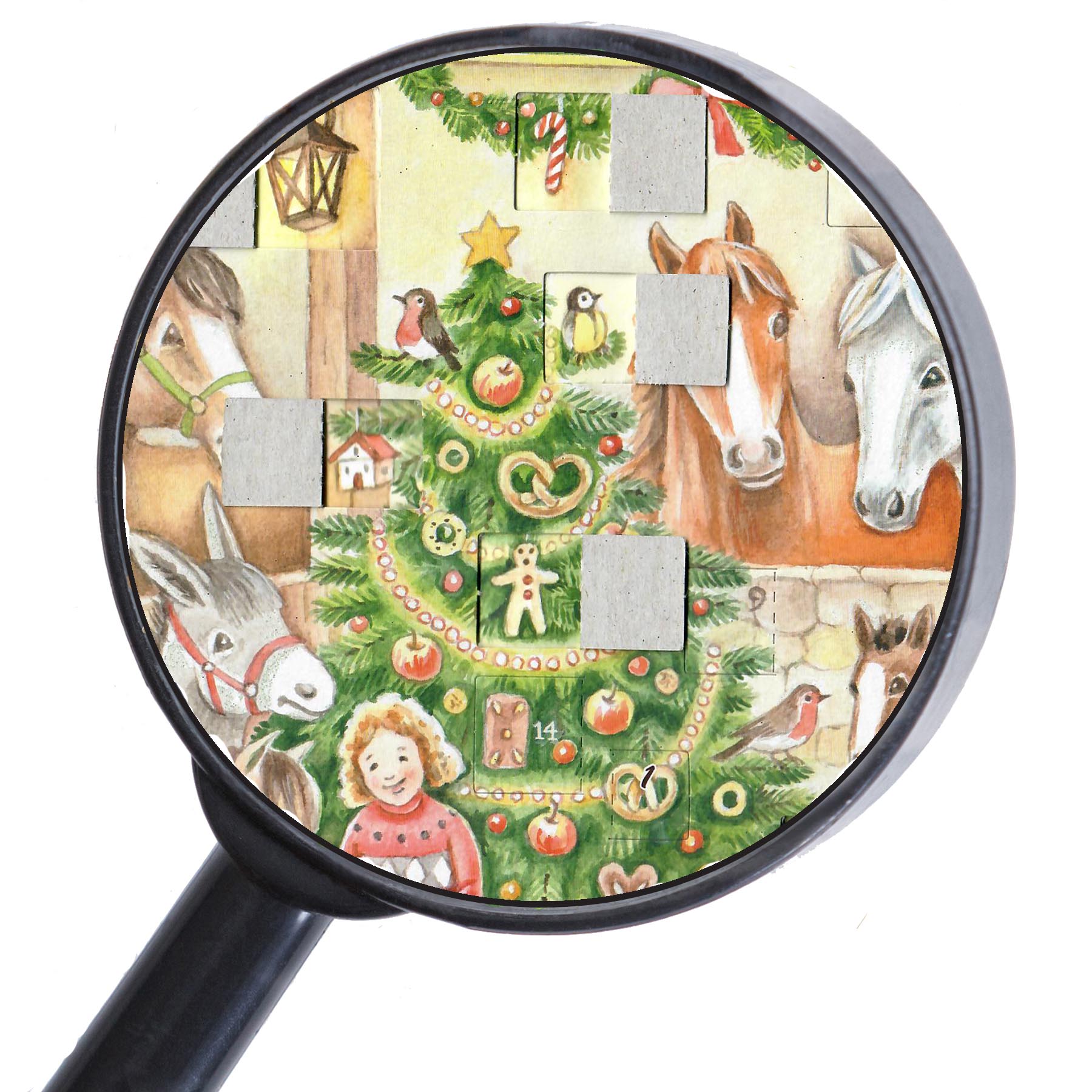 Adventskalender "Am Stall" mit einigen geöffneten Türchen