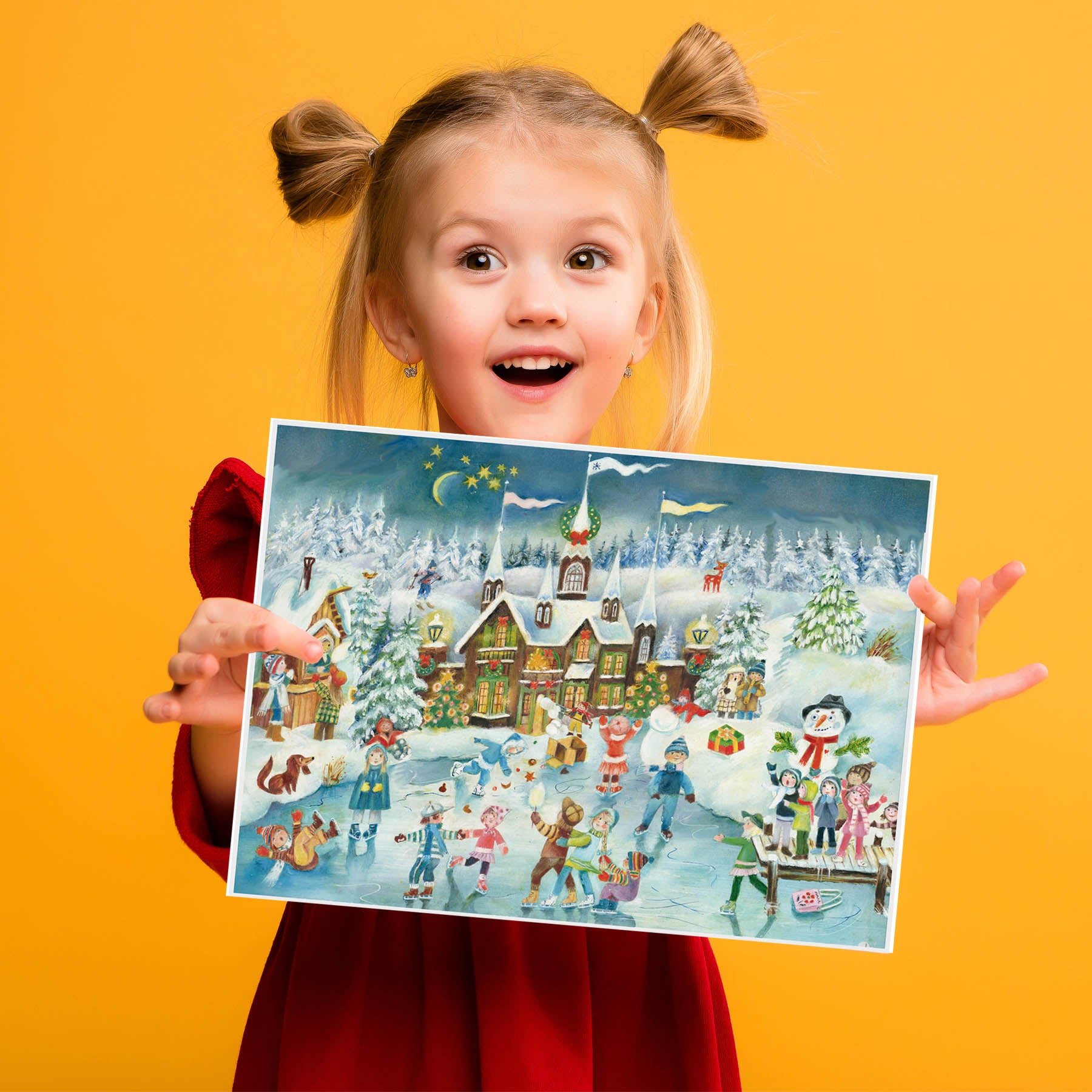 Mädchen mit dem Adventskalender in der Hand