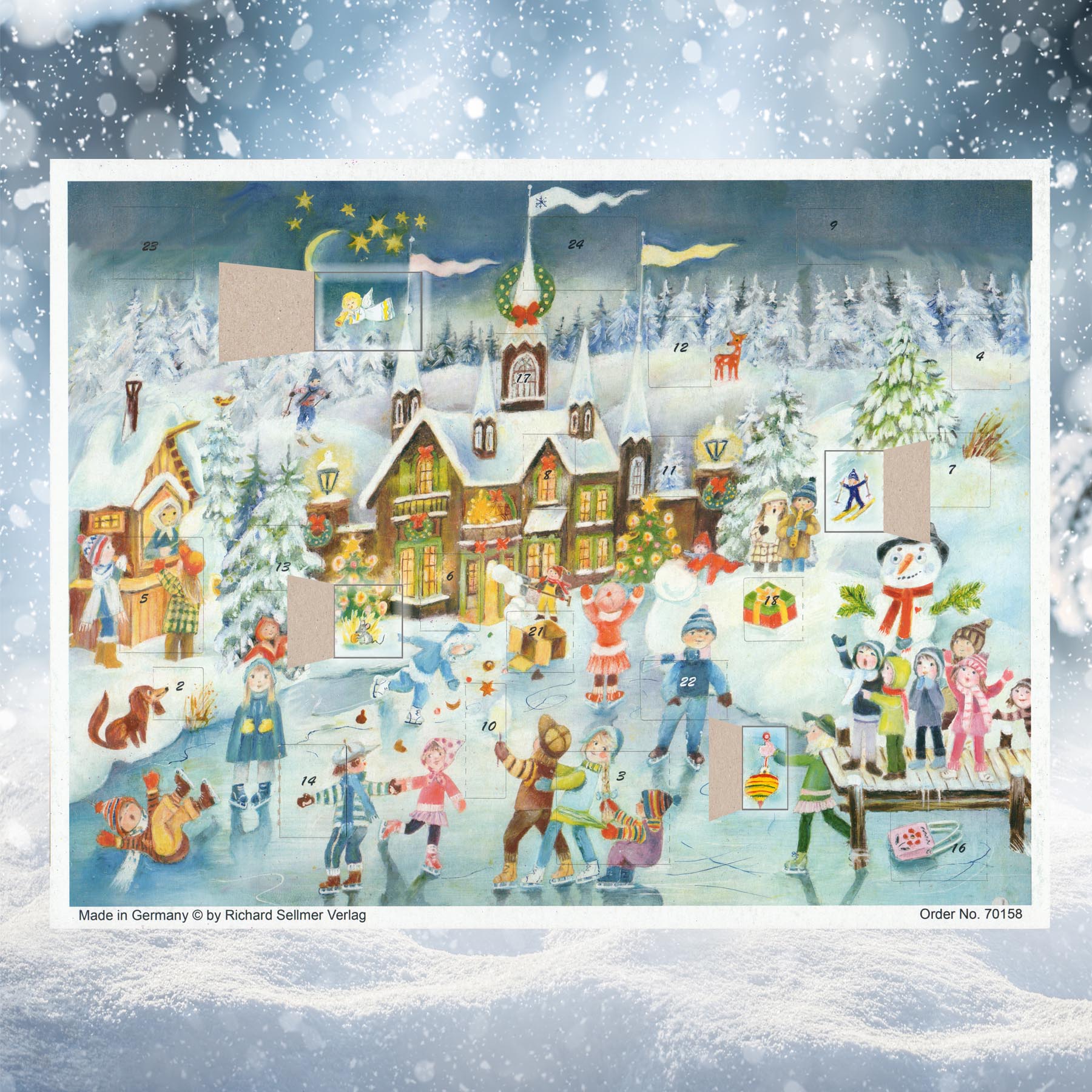 Adventskalender Eislauffreuden am Schloss einigen geöffneten Türchen thumbnail
