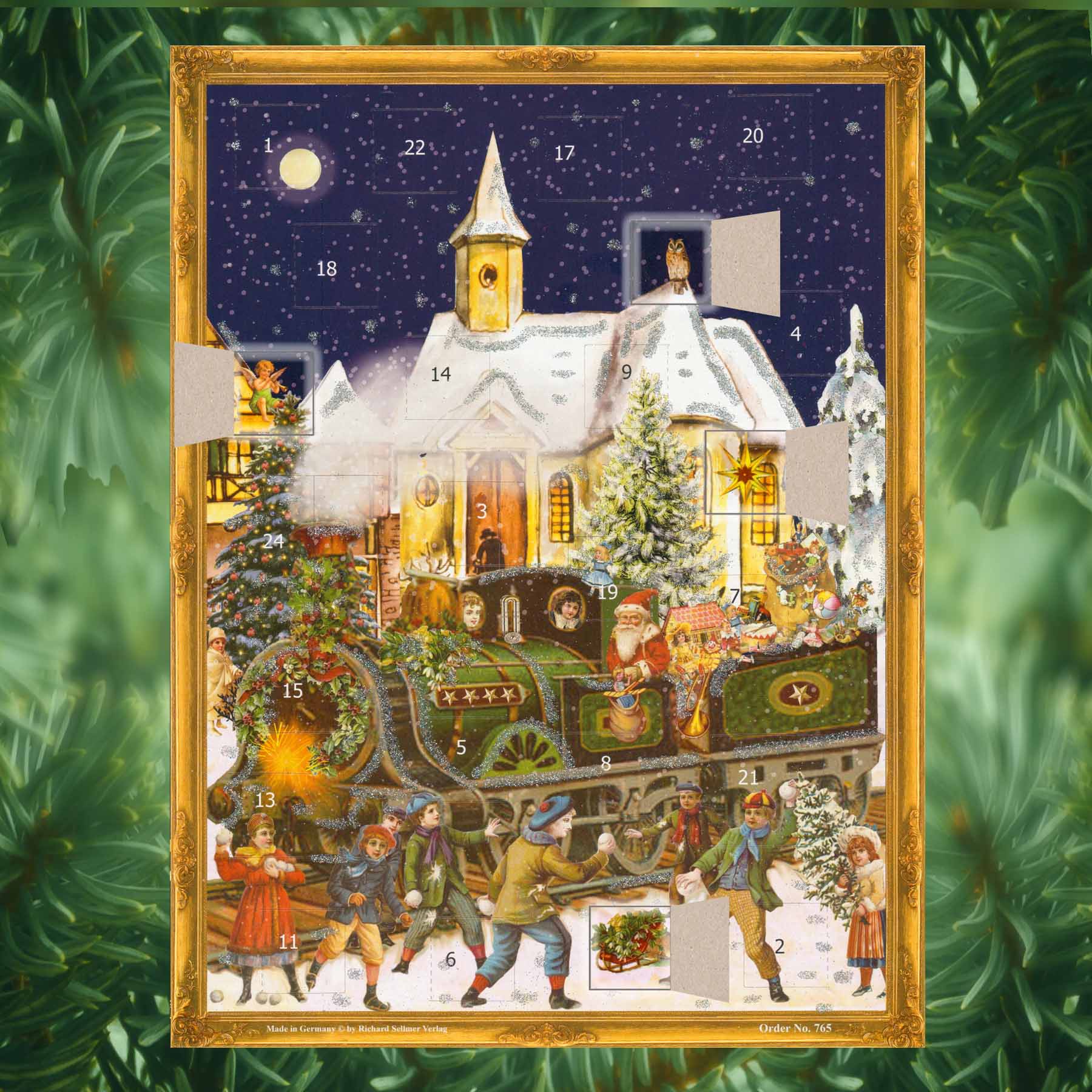 Adventskalender Weihnachtszug mit einigen geöffneten Türchen