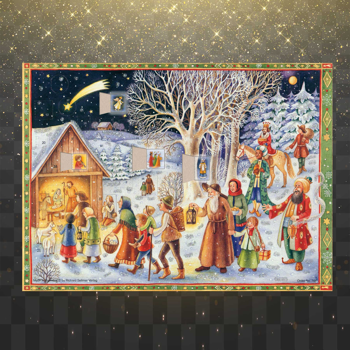 Adventskalender Kommet seht den Stall mit einigen geöffneten Türchen