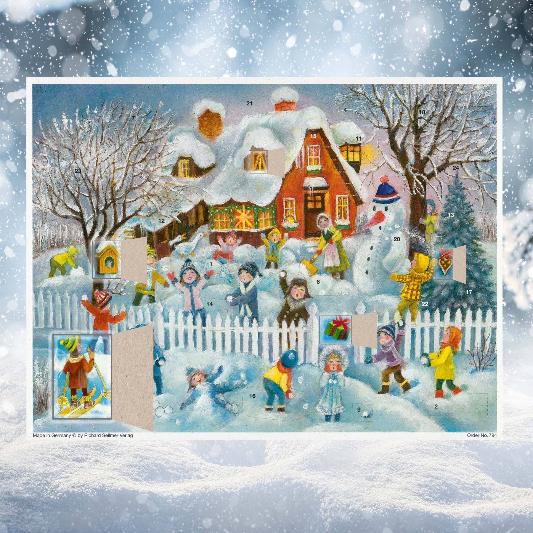 Adventskalender Schneeballschlacht mit einigen geöffneten Türchen thumbnail