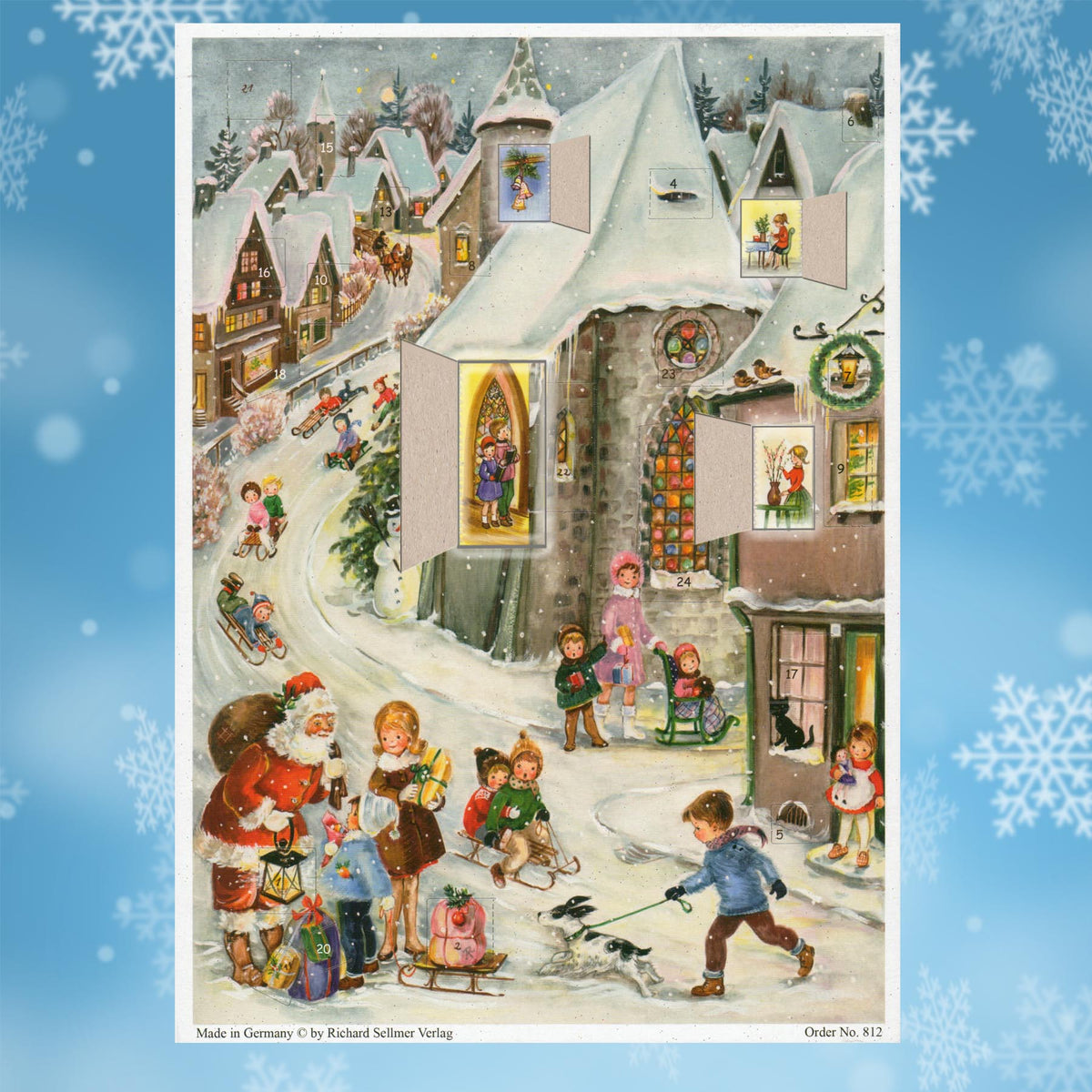 Adventskalender Rodelfreuden mit einigen geöffneten Türchen 