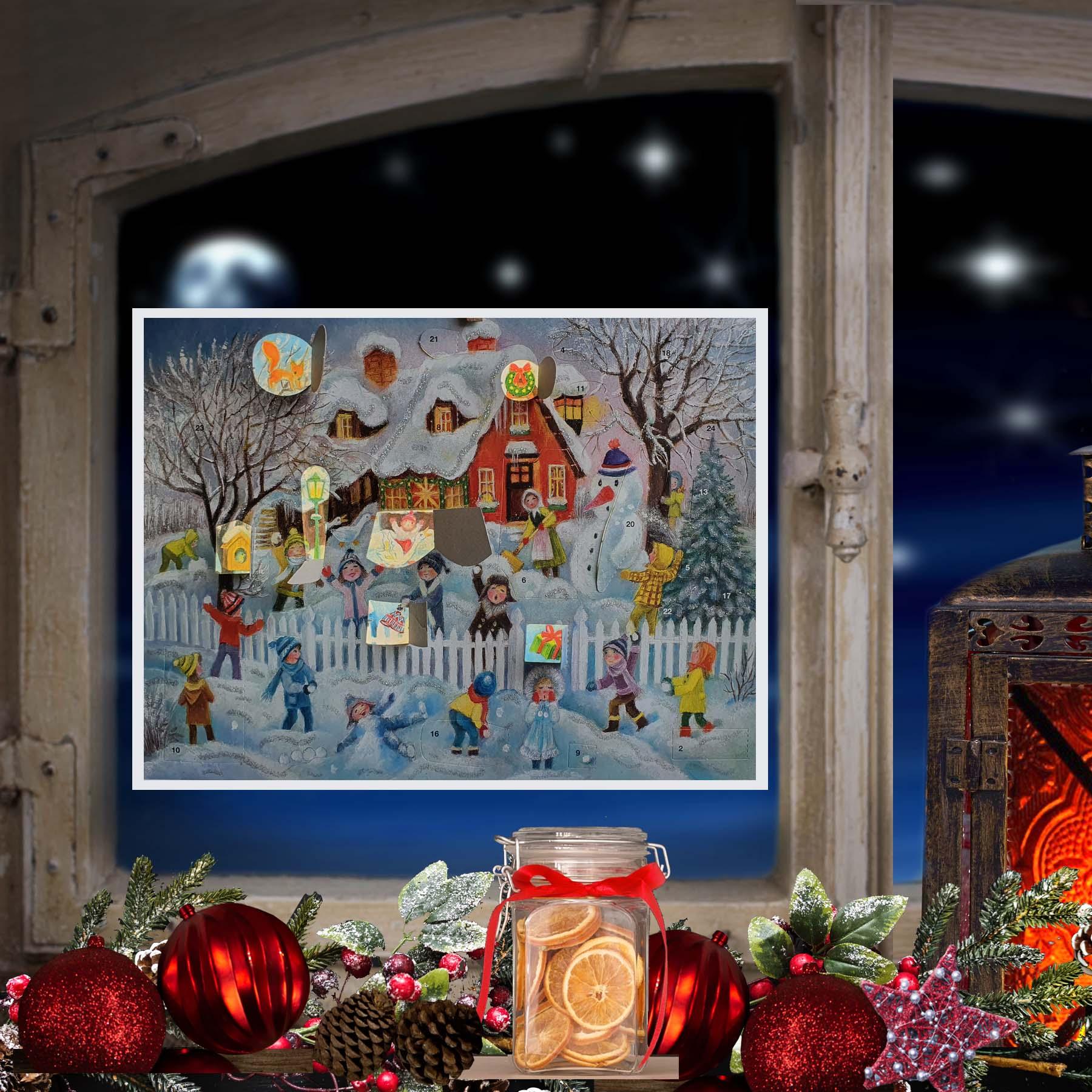 Adventskalender "Schneeballschlacht vor dem Haus" - Sellmer Adventskalender
